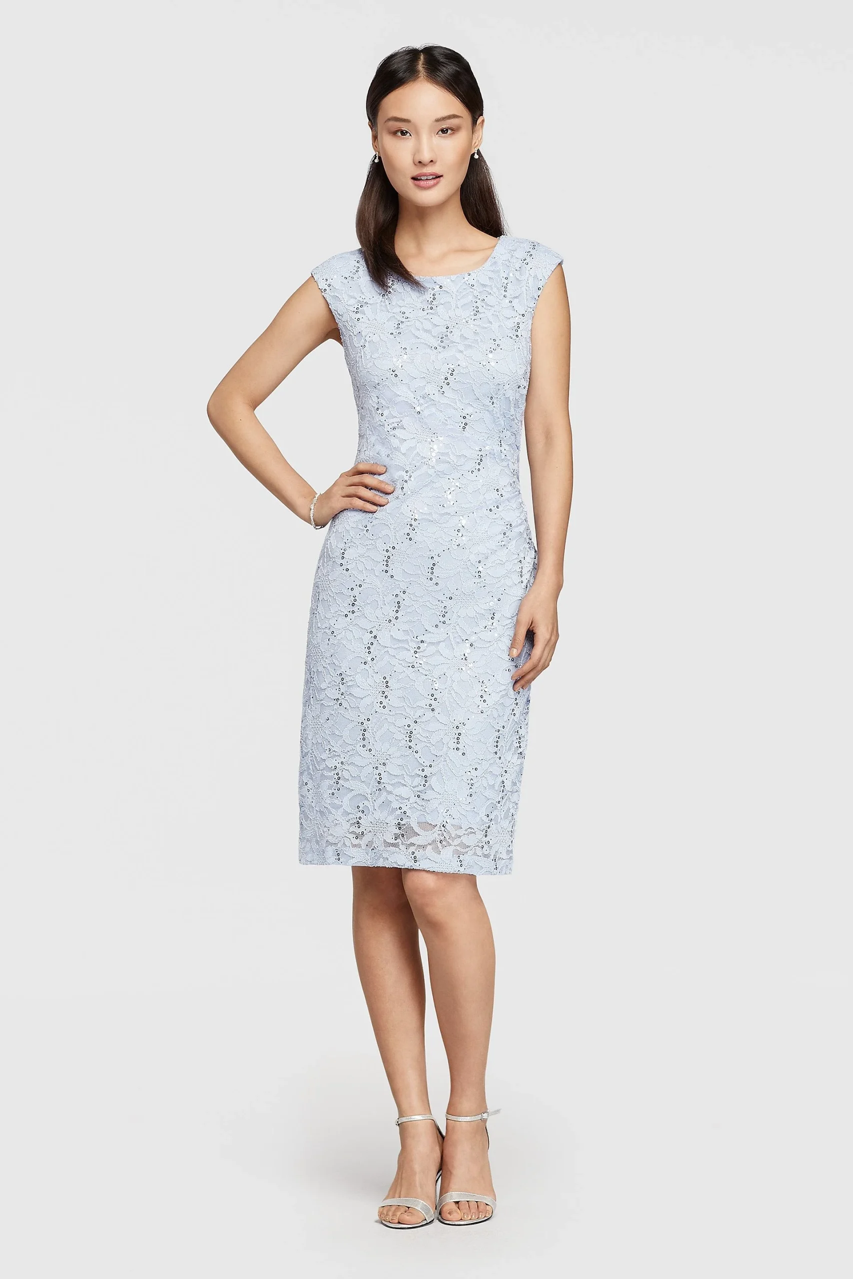 Short Cap Sleeved Lace Dress with Side Ruching