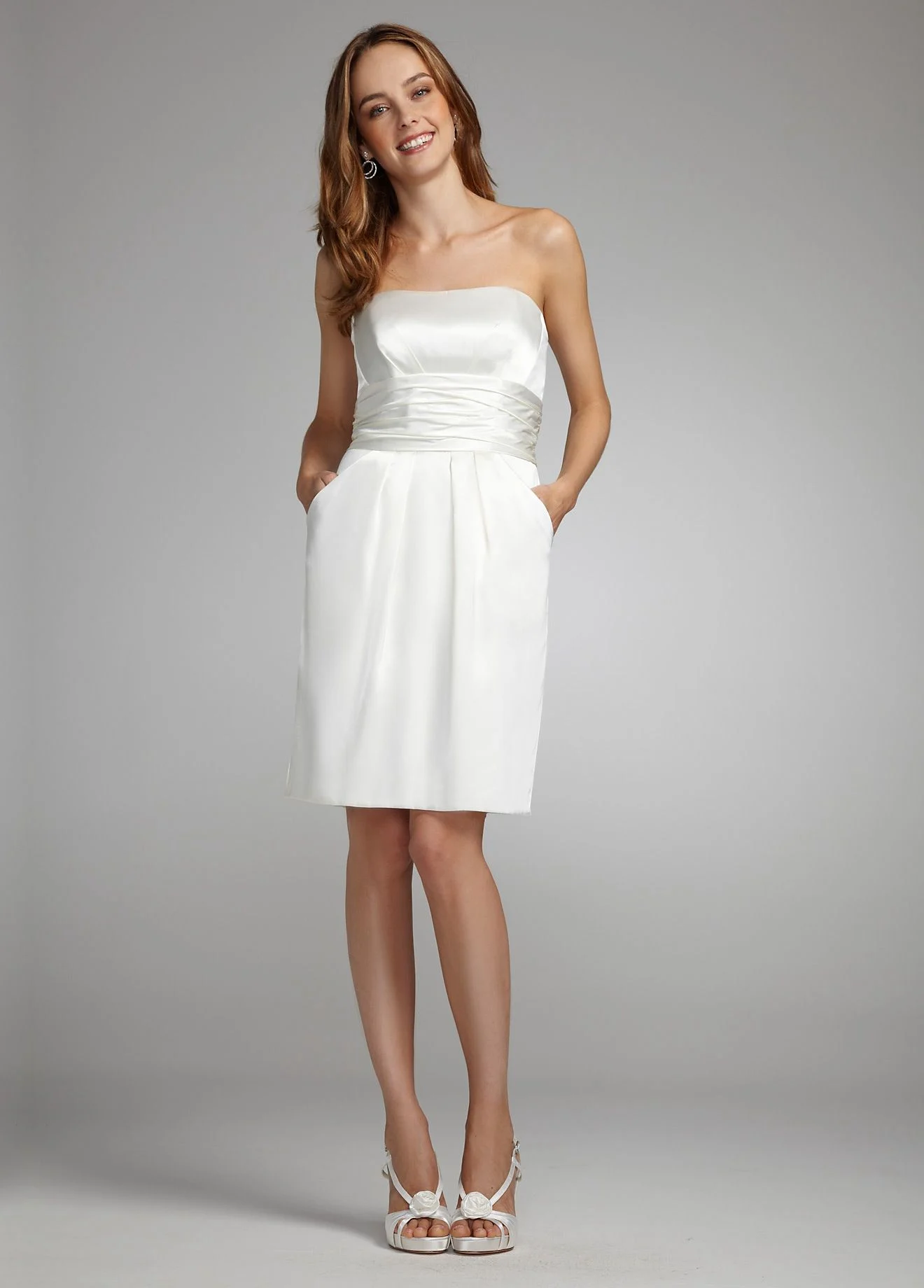 Short Charmeuse Dress with Ruched Waist & Pockets
