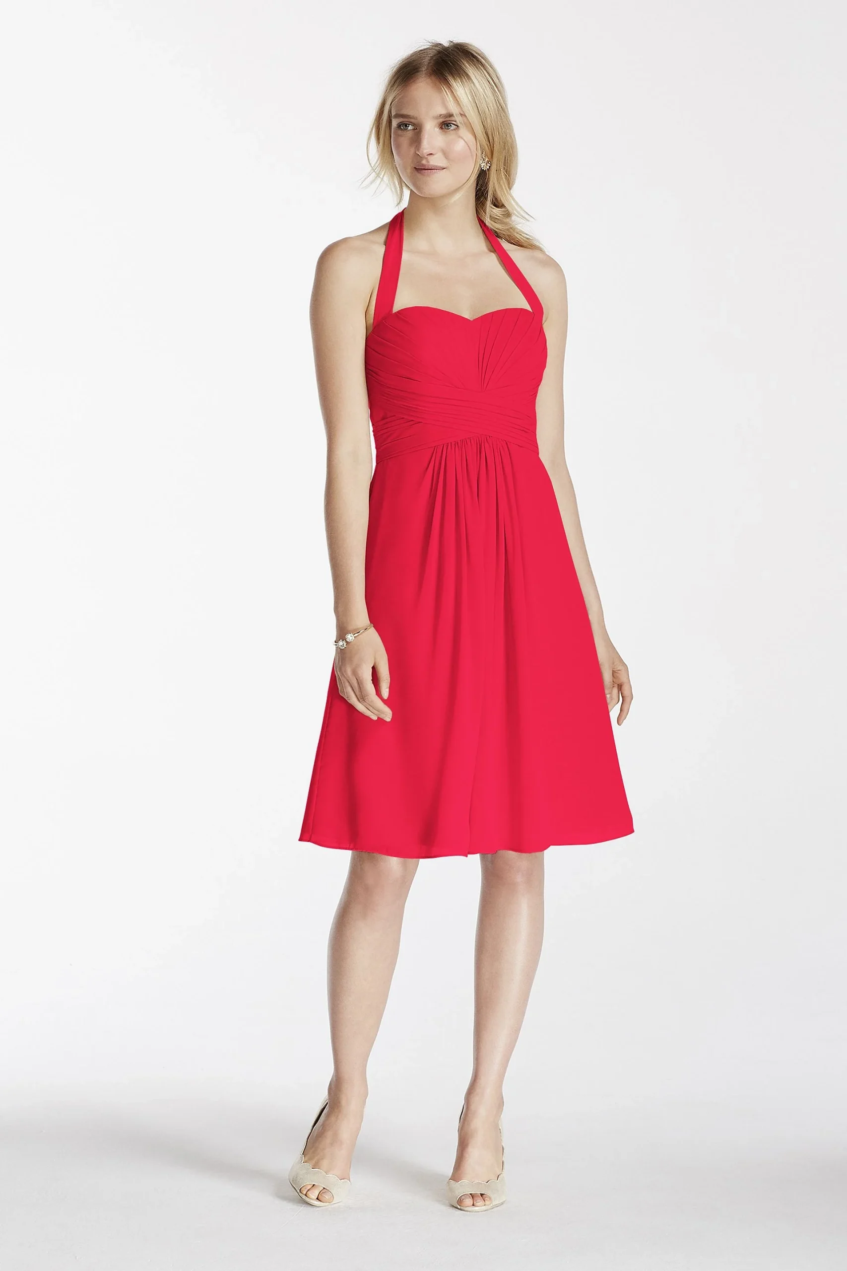 Short Chiffon Halter Dress with Pleated Bodice