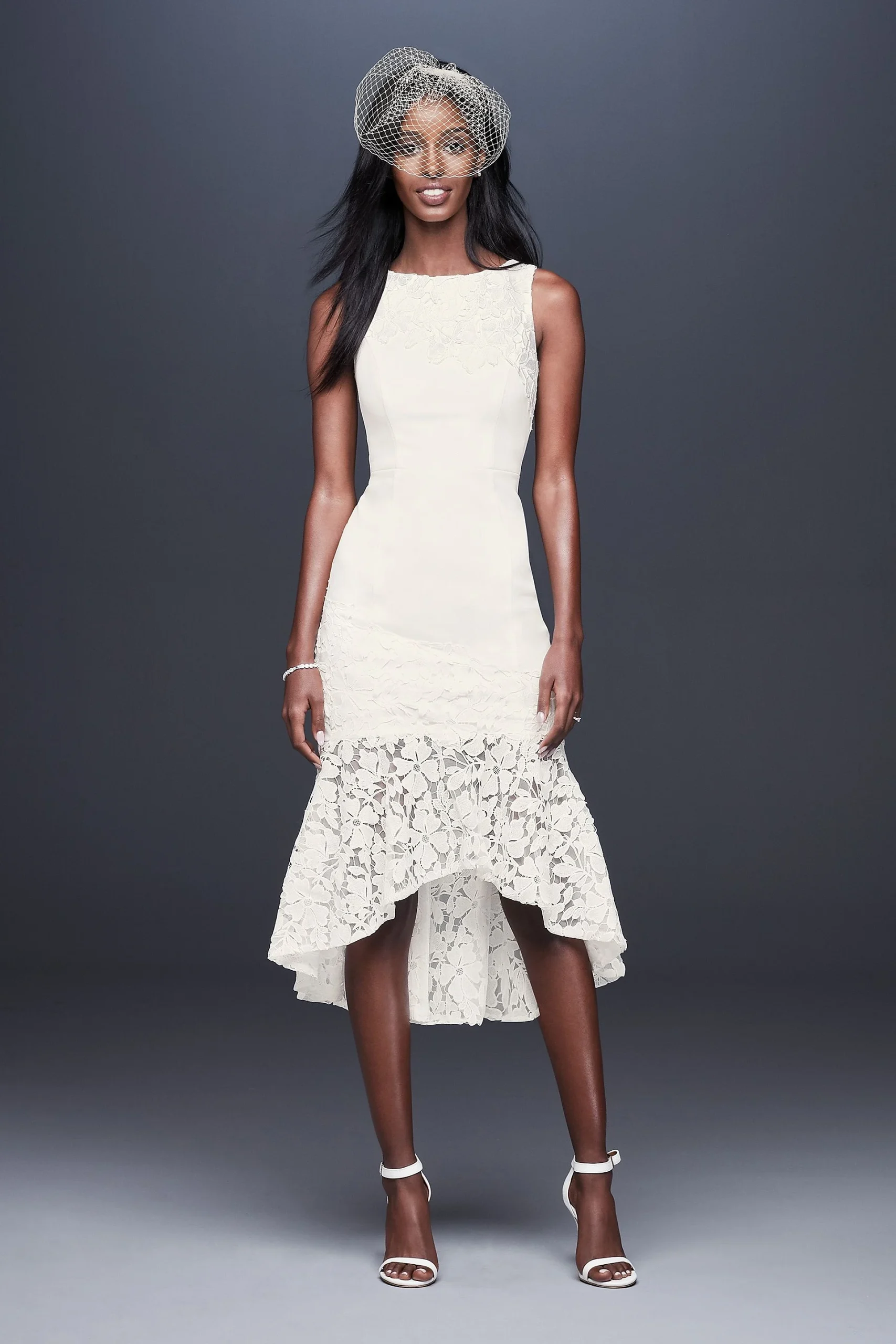 Short Crepe Dress with Asymmetric Lace Flounce