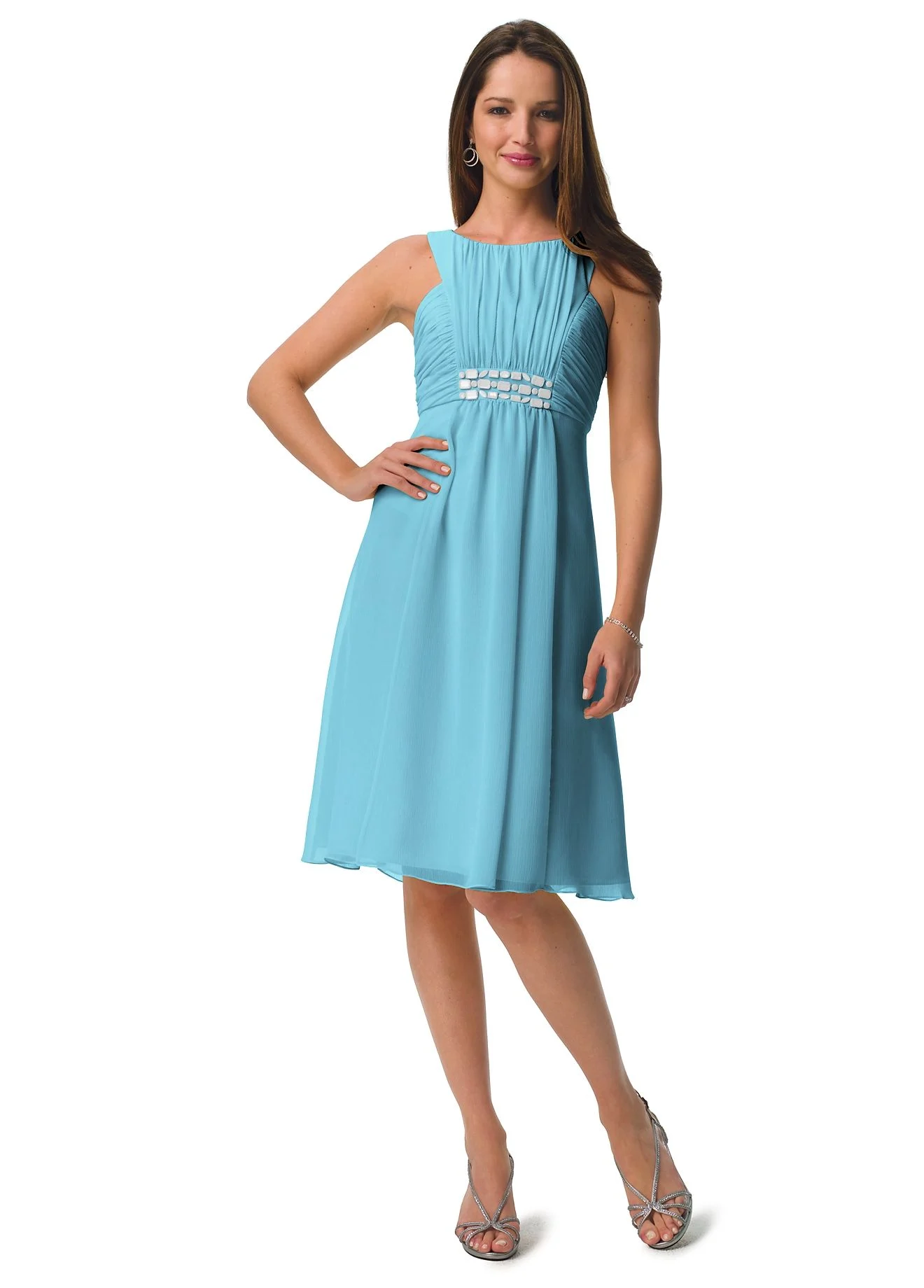 Short Crinkle Chiffon Dress, Chunky Stone Detail