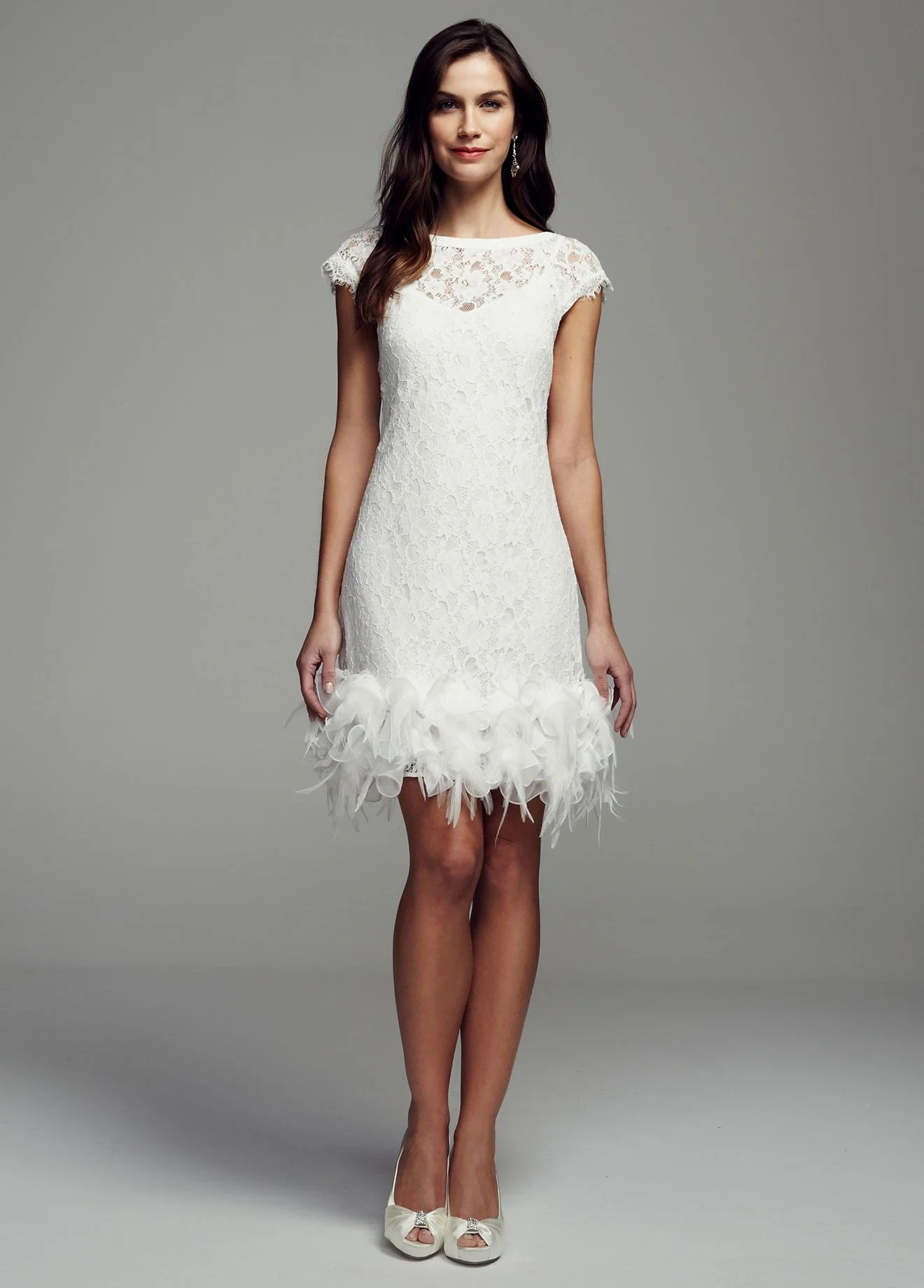 Short Lace Dress with Feather Trim Detail