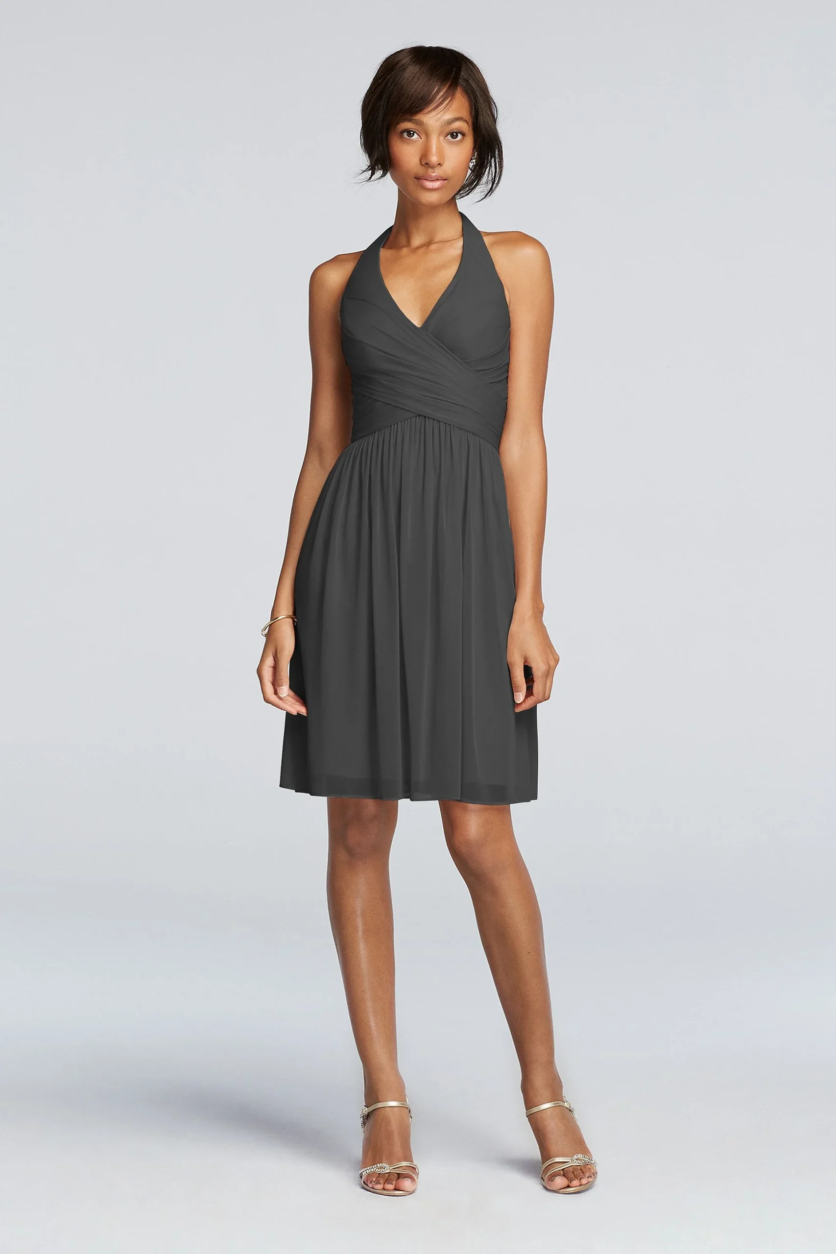 Short Mesh Pleated Dress with Halter Neckline