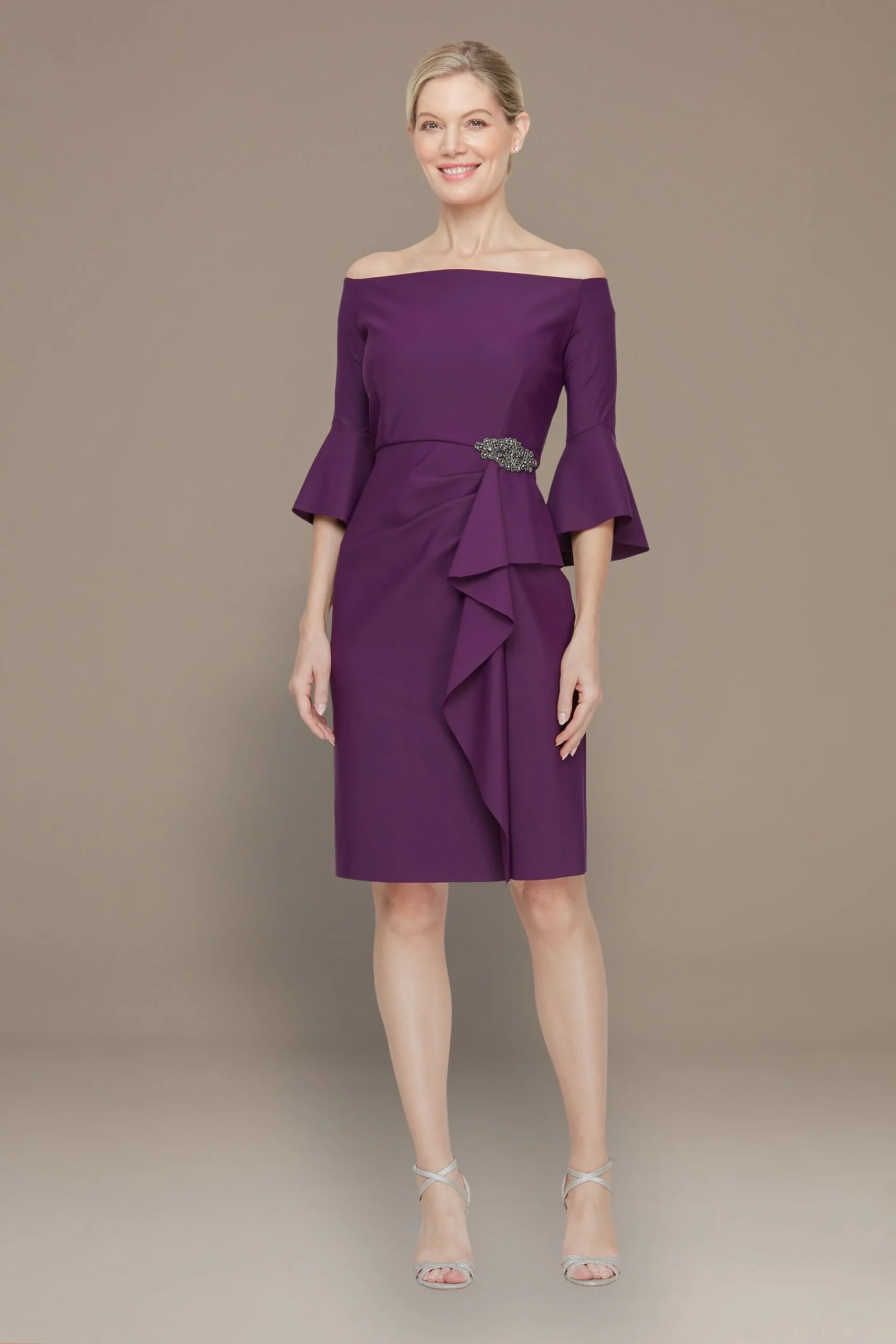 Short Off-the-Shoulder Sheath with Cascade Skirt