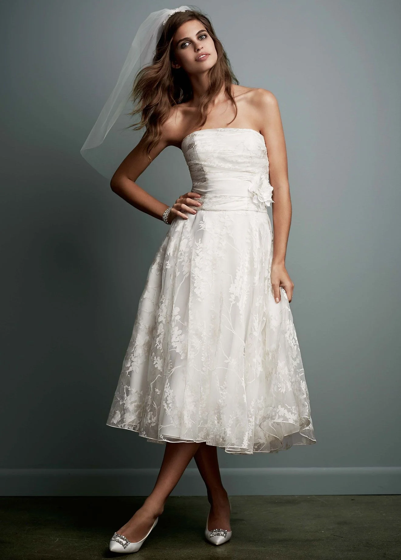 Short Printed Organza Gown with Flower Sash