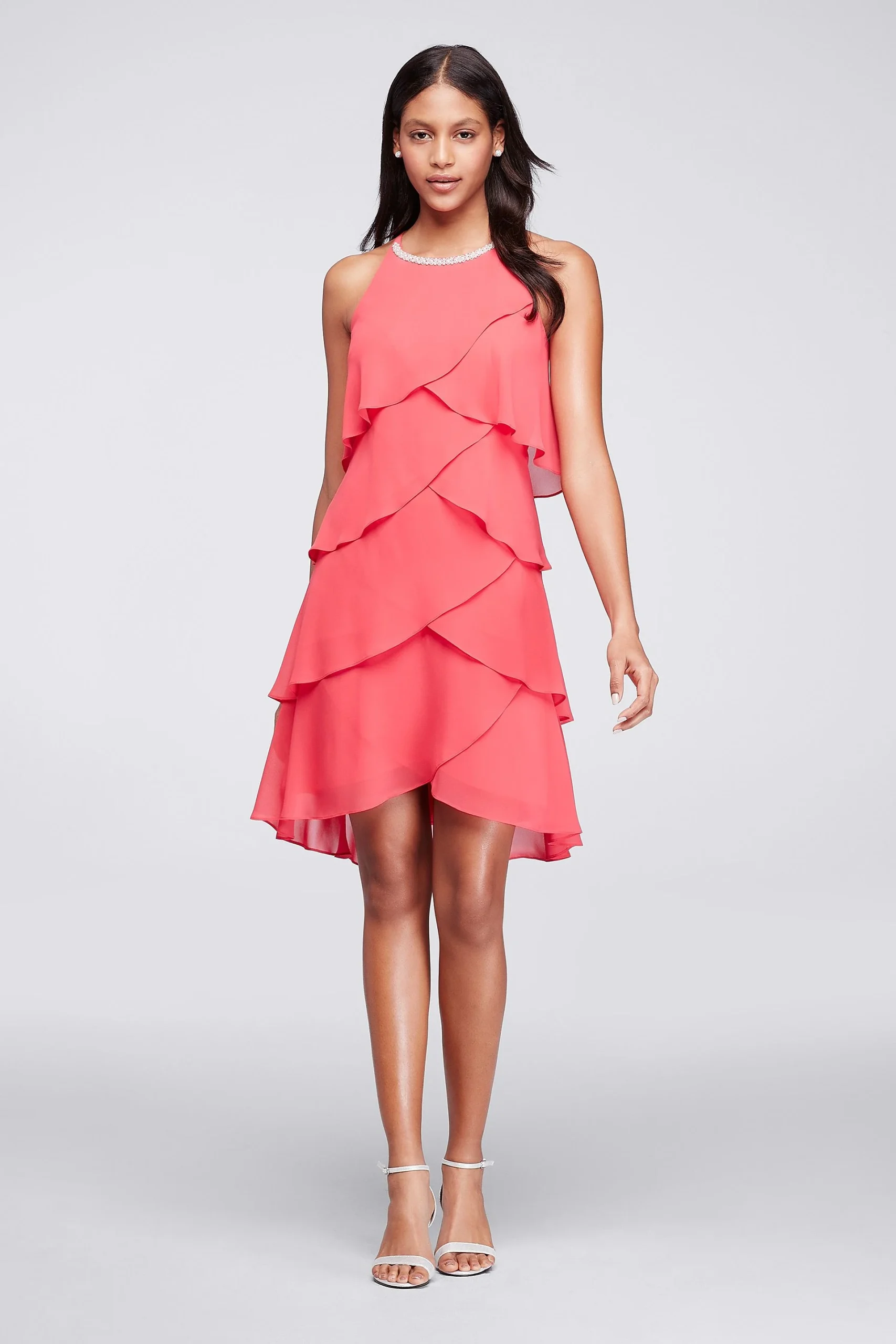 Short Ruffled Dress with Pearl Beaded Neckline