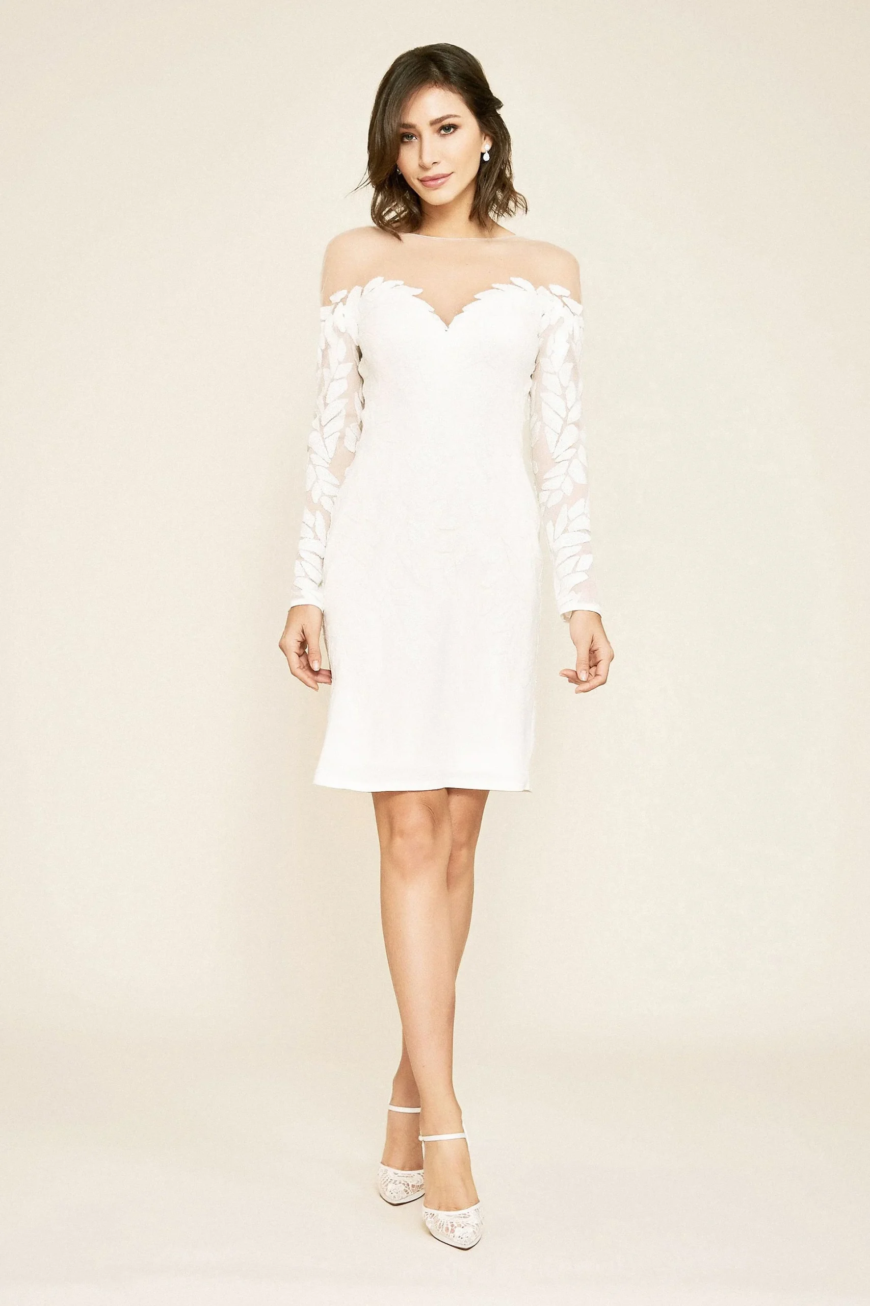 Short Sequin Lace Motif Long Sleeve Wedding Dress