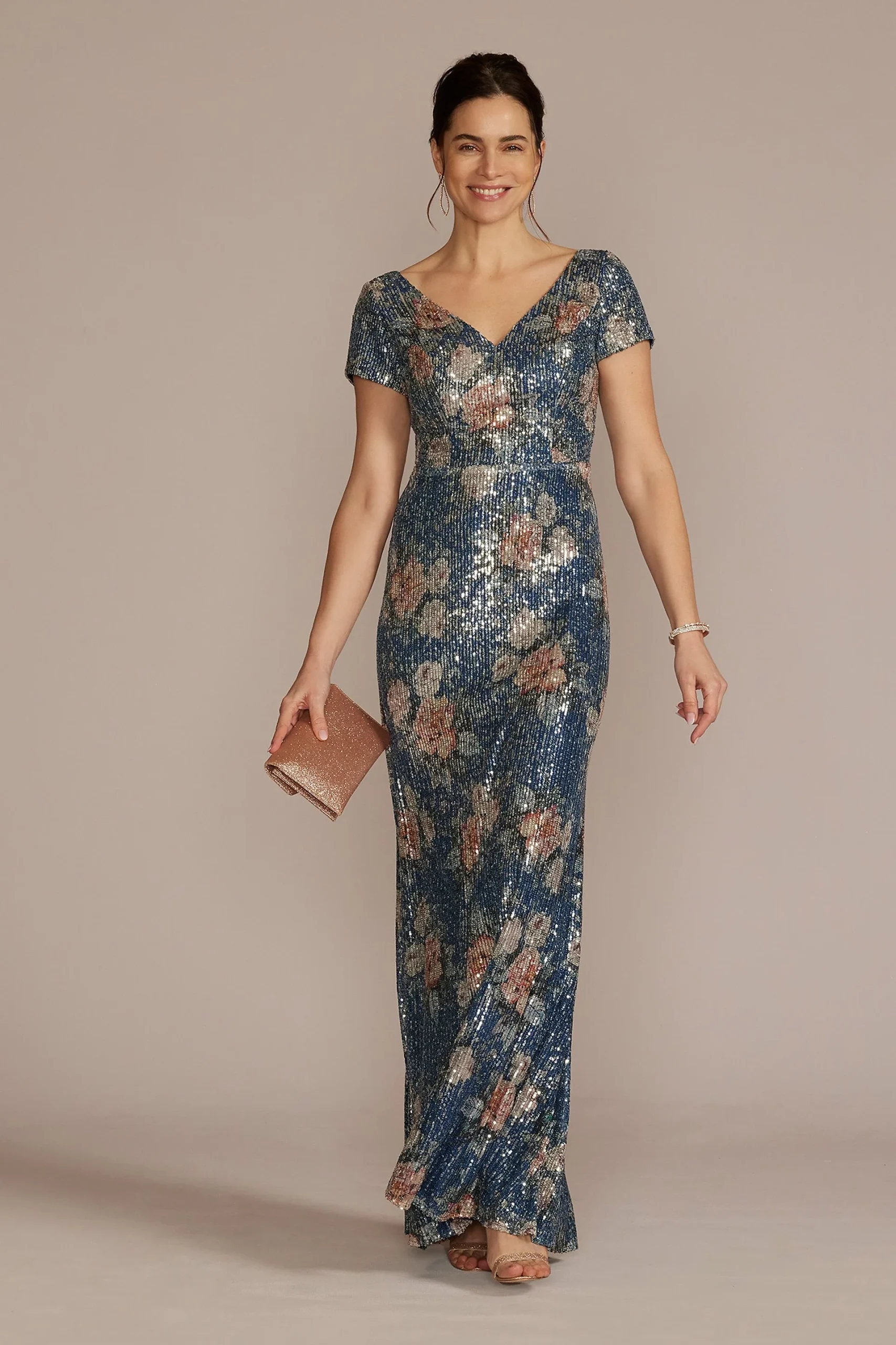 Short Sleeve Allover Sequin Floral A-Line