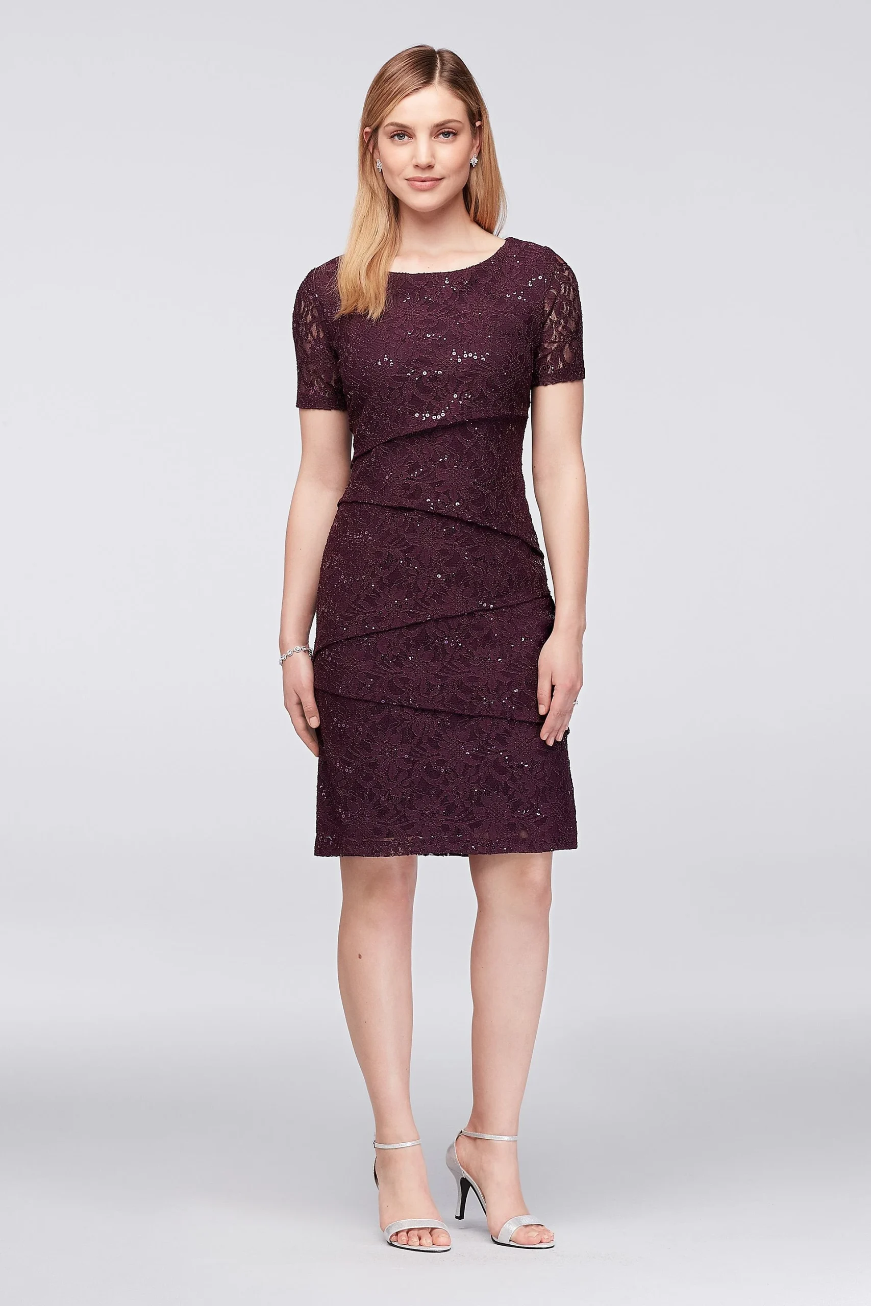 Short Sleeve Asymmetric Tiered Lace Sheath Dress