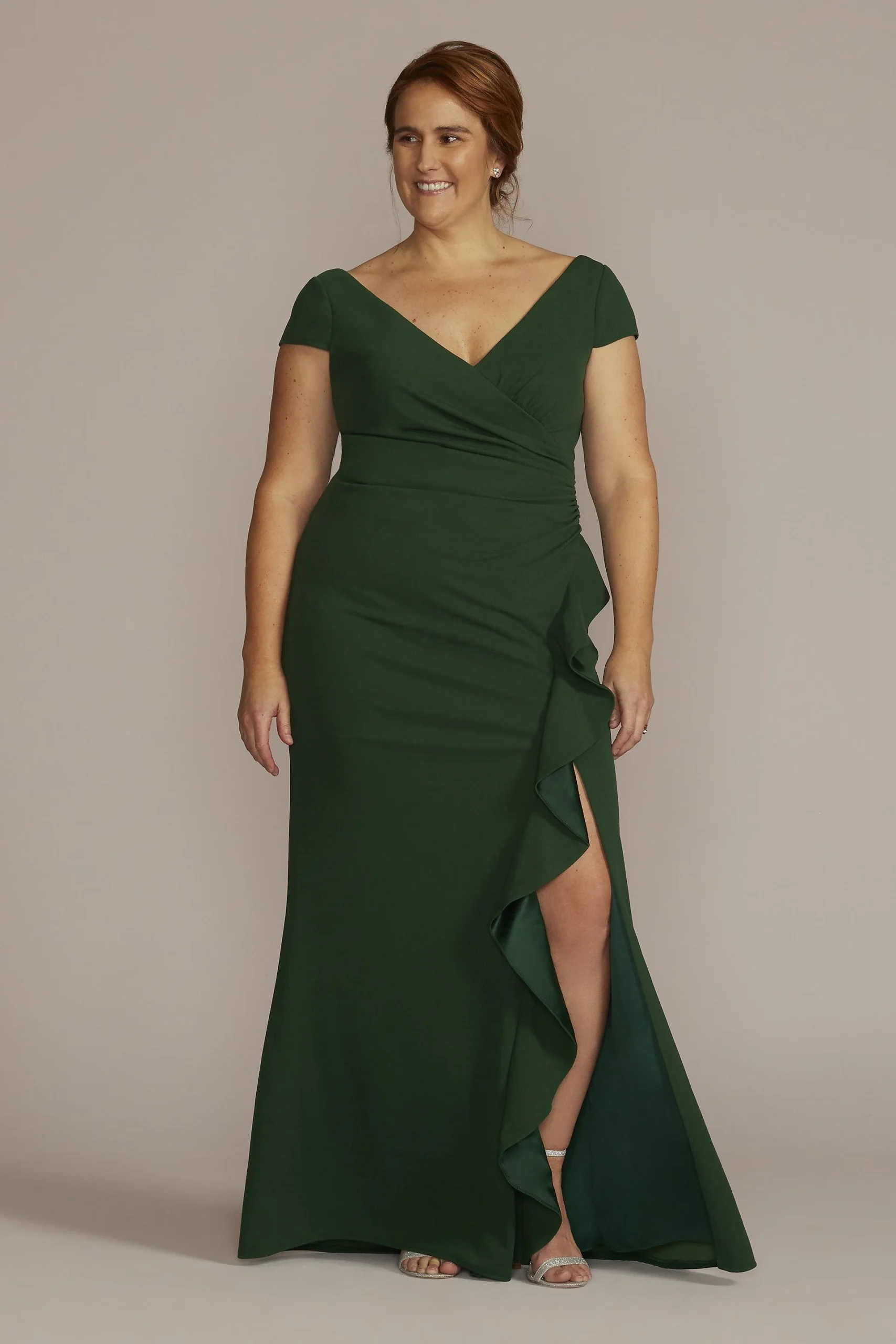 Short Sleeve Crepe Gown with Ruffled Skirt
