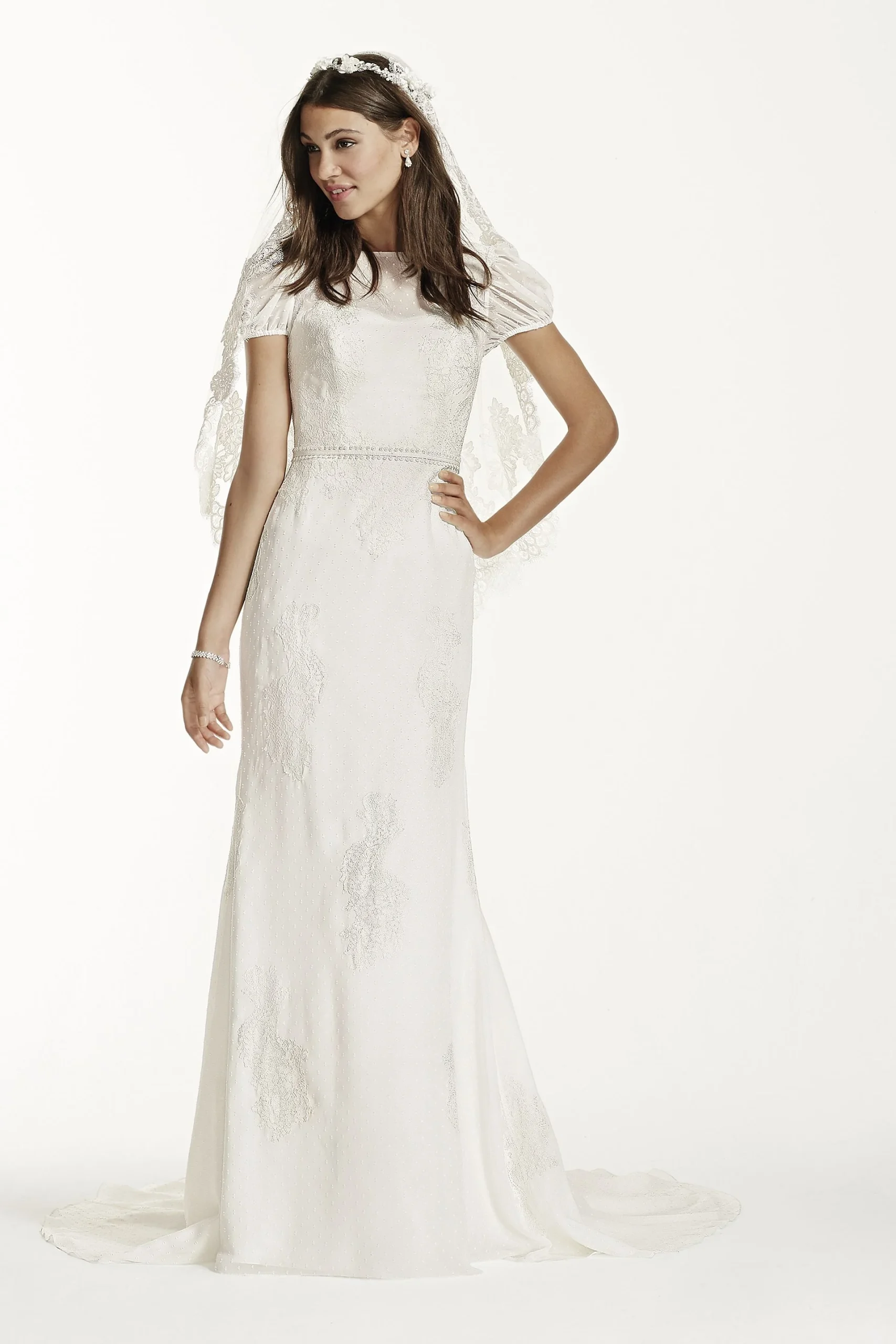 Short Sleeve Dotted Chiffon Sheath Gown
