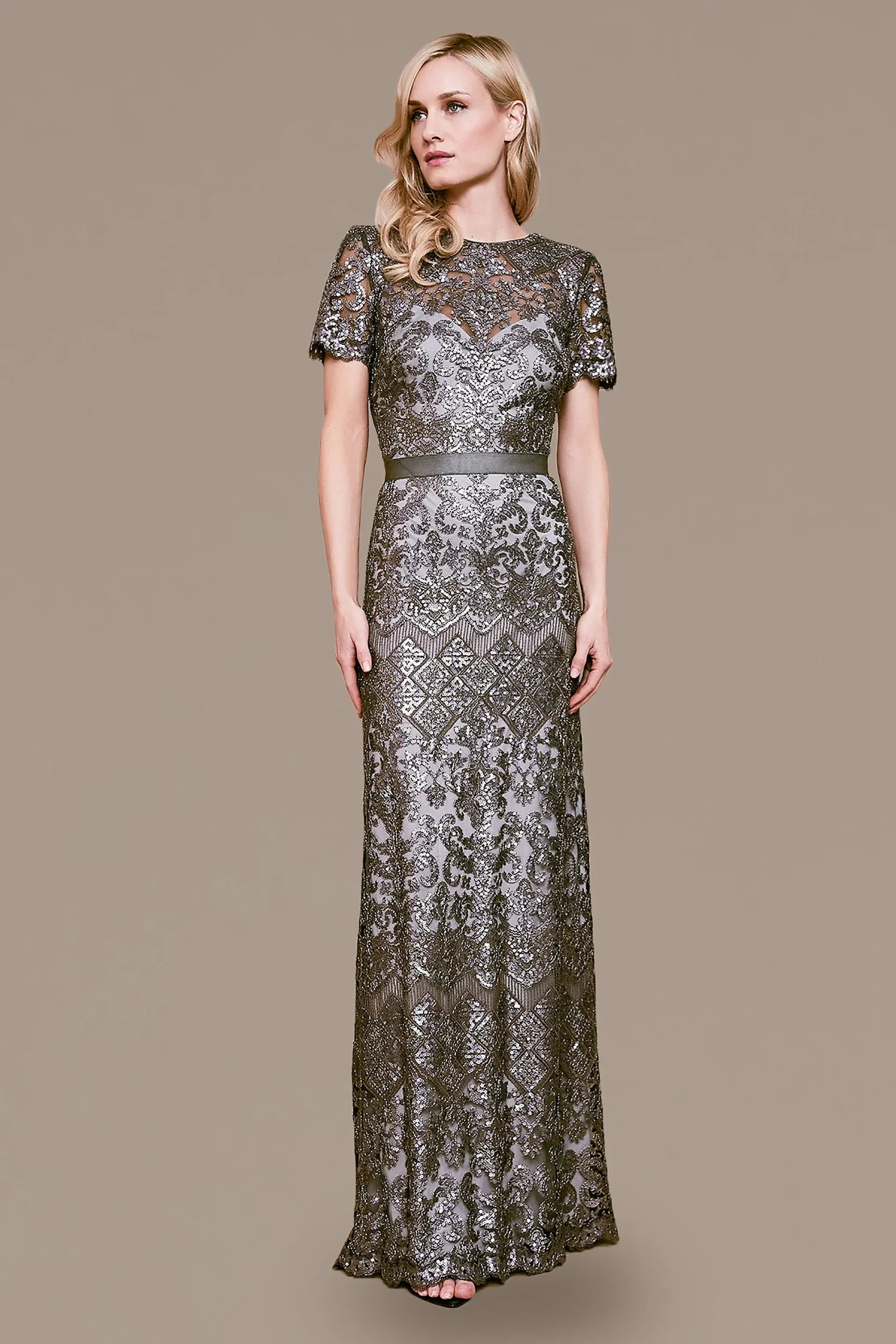 Short Sleeve Embroidered Gown with Paillettes