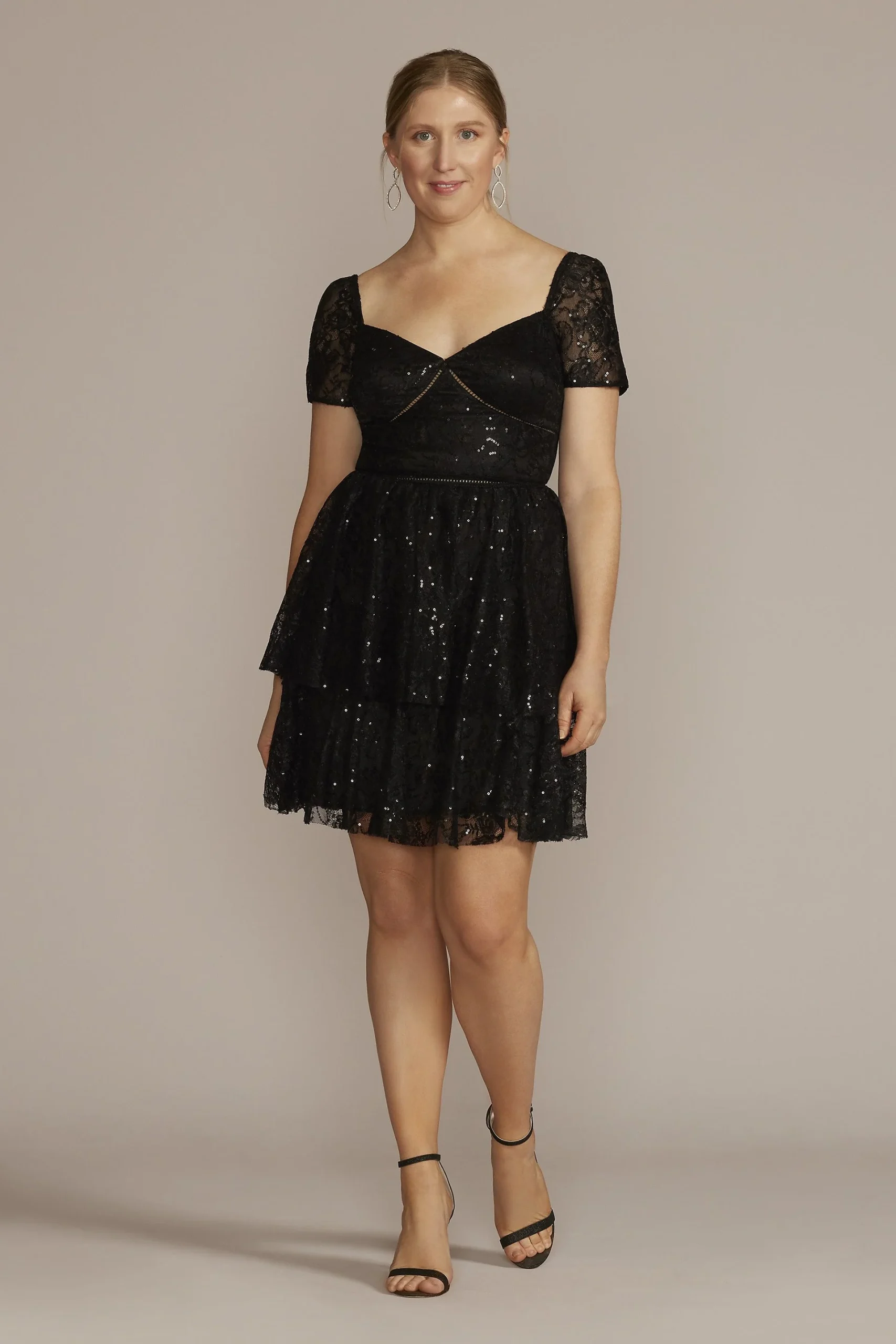 Short Sleeve Illusion Lace Tiered Ruffle Dress