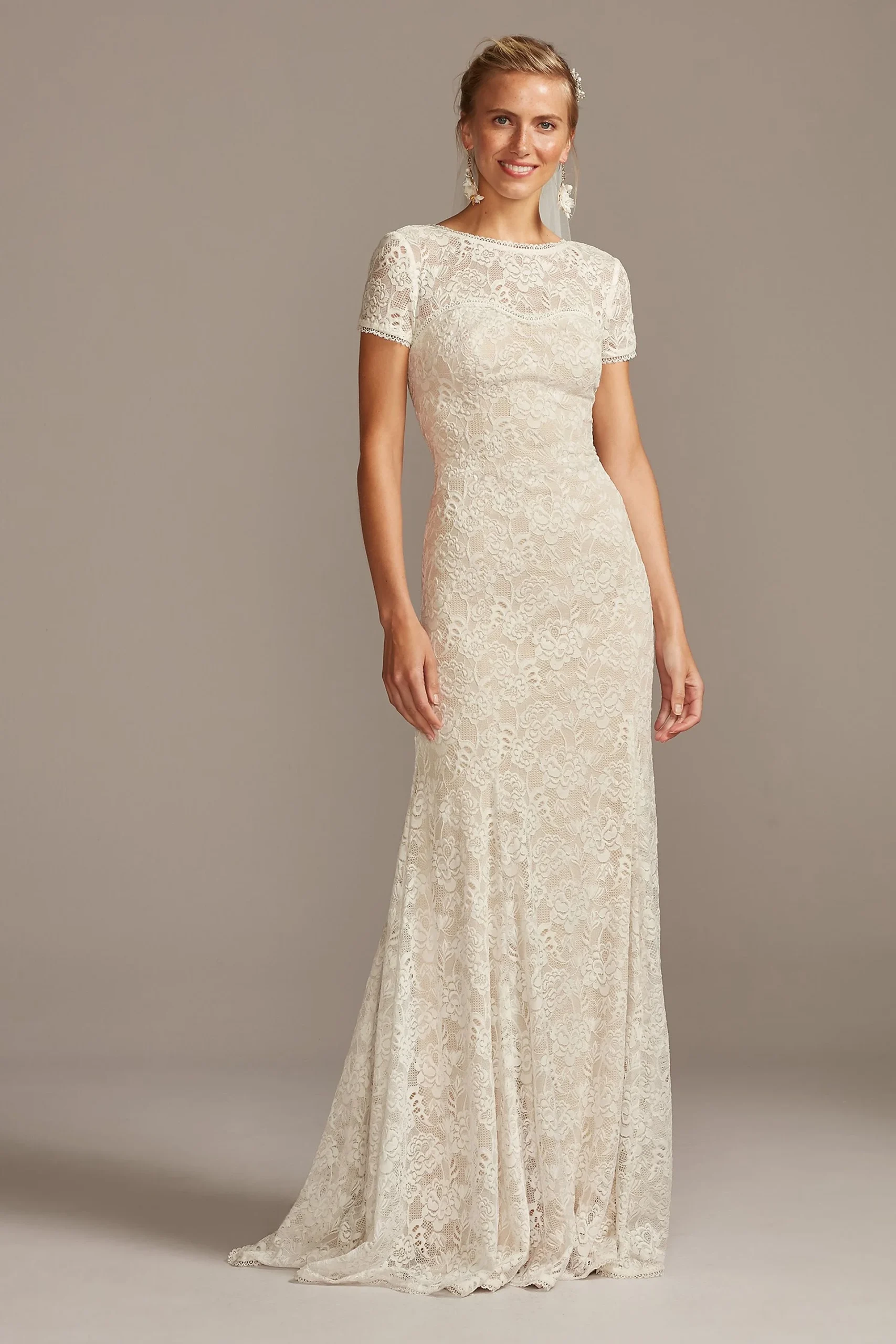 Short Sleeve Low Back Lace Wedding Dress