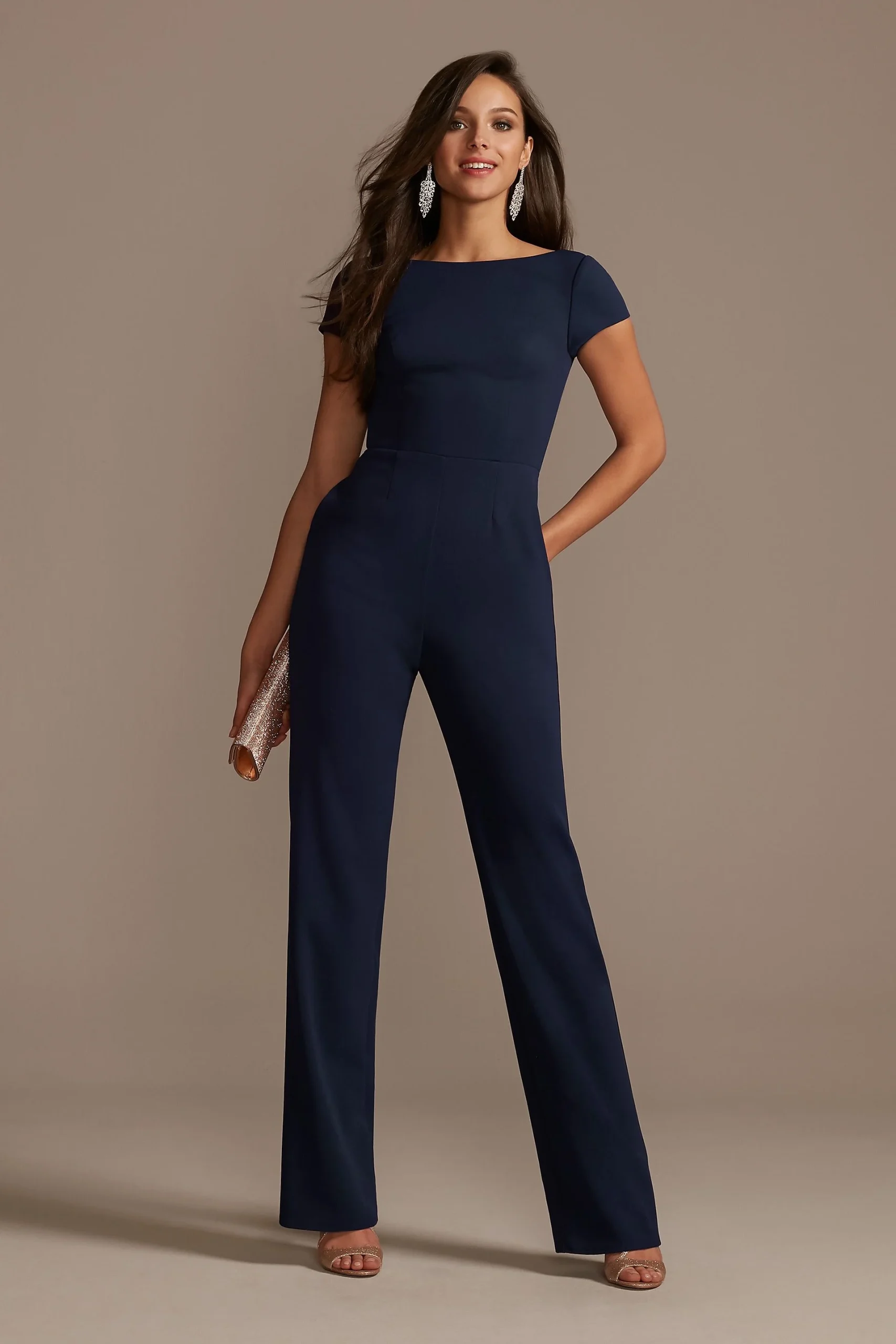 Short Sleeve Stretch Crepe Jumpsuit with Open Back