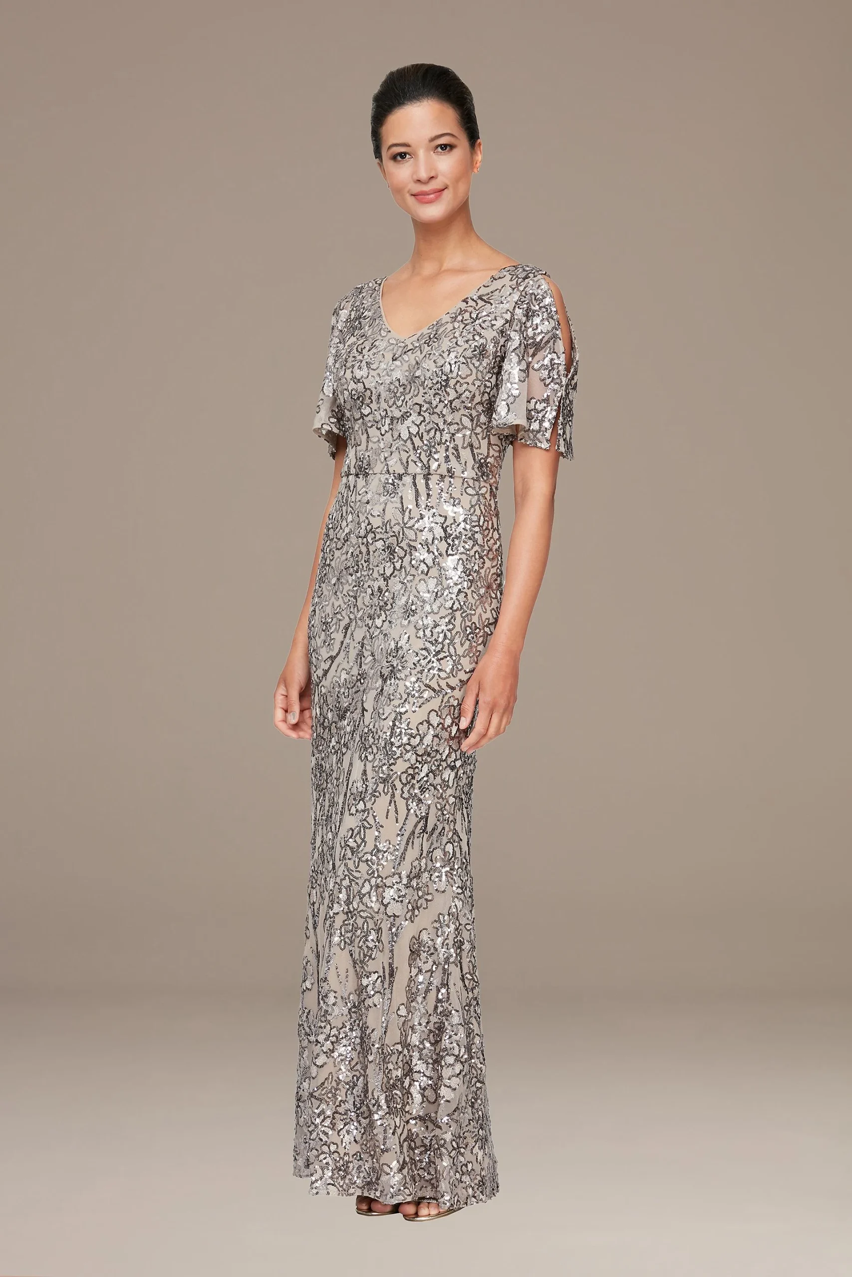 Short Sleeve V-Neck Sequin A-Line Gown
