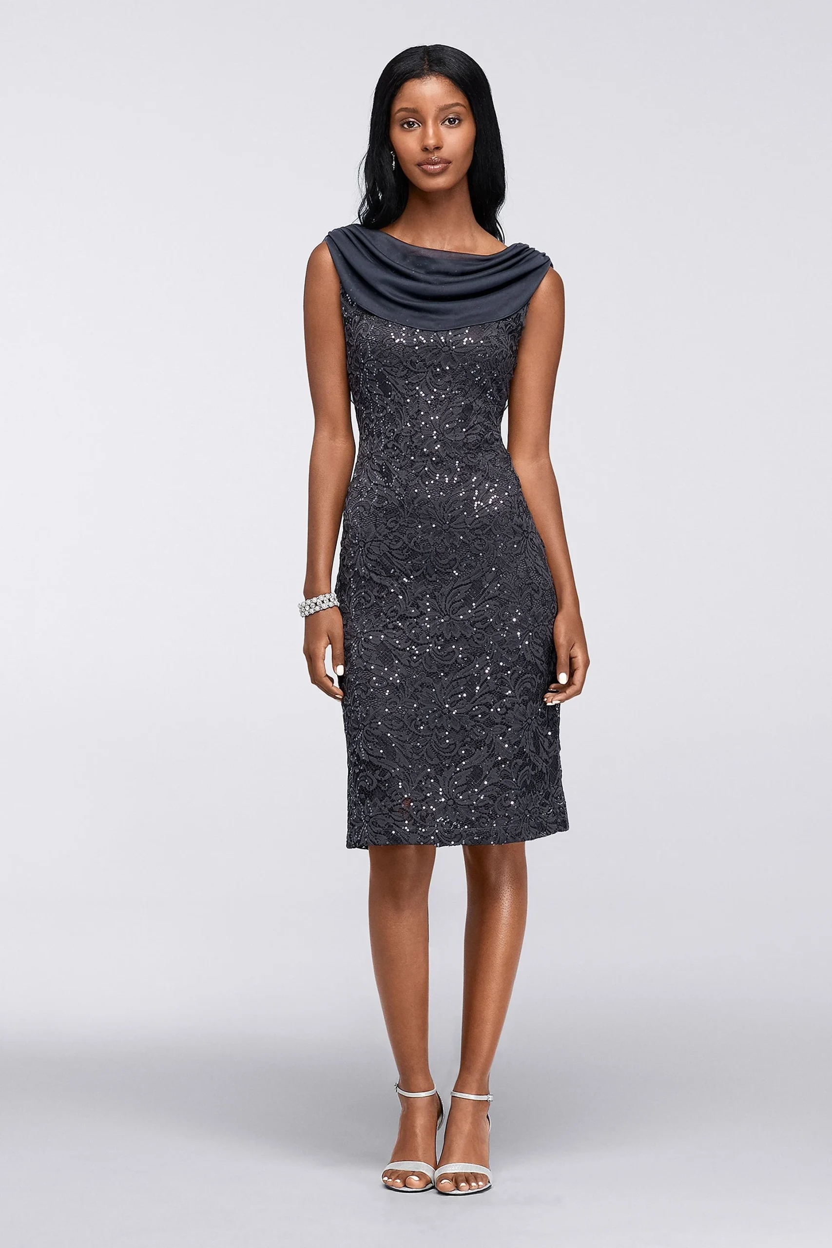 Short Sleeveless Stretch Sequin Lace Cowl Dress