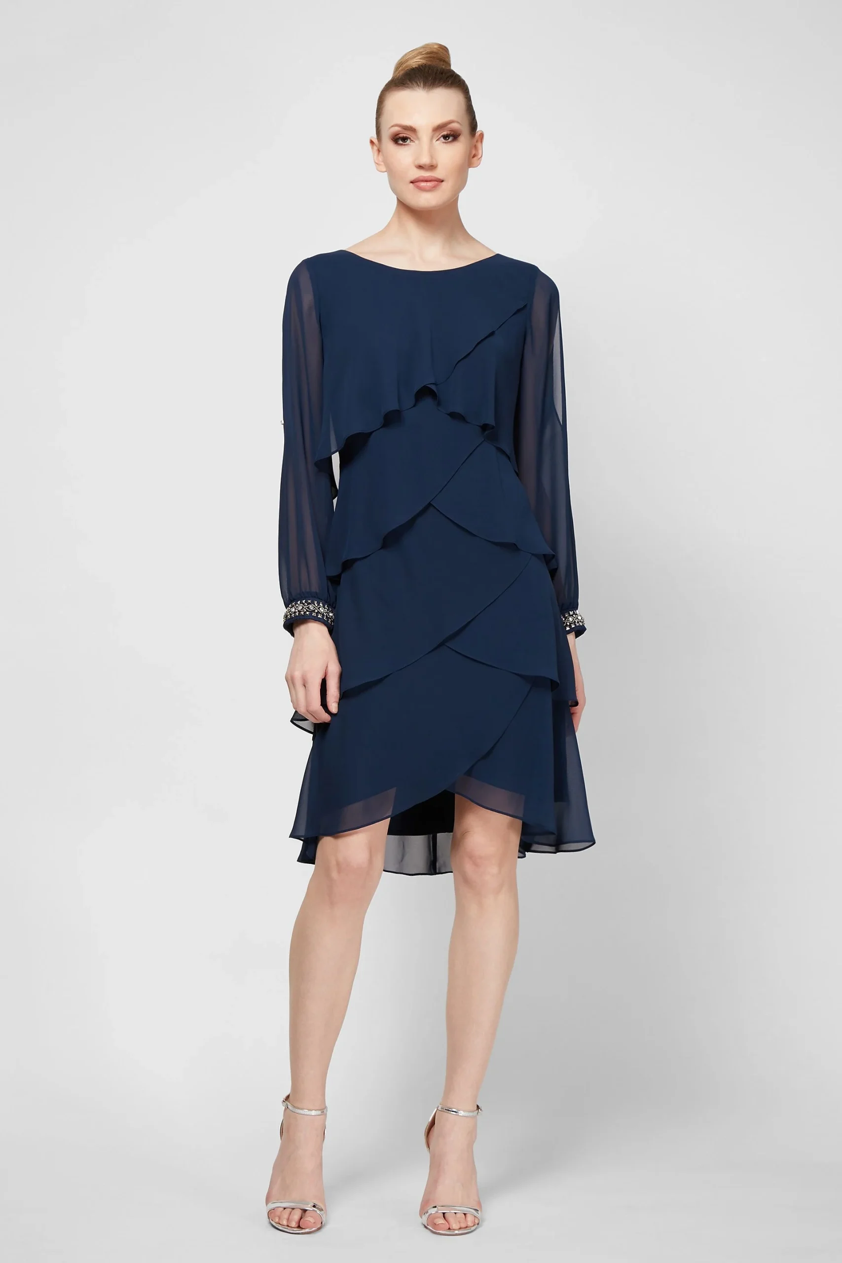 Short Tiered Split Sleeve Dress with Beaded Cuffs