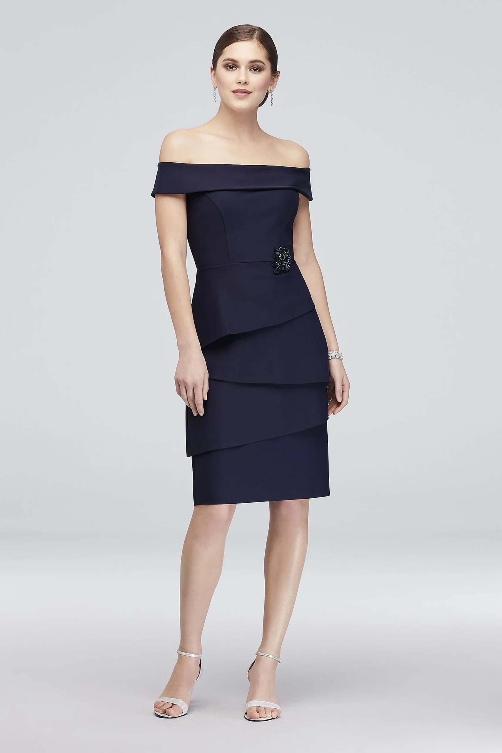 Short Tiered Stretch Scuba Off-the-Shoulder Dress