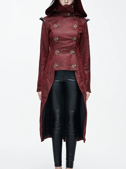 Shoulder Pointed Nails Front Double-Breasted Voluminous Skirt Hem Wine Red Gothic Hoodie Suede Coat