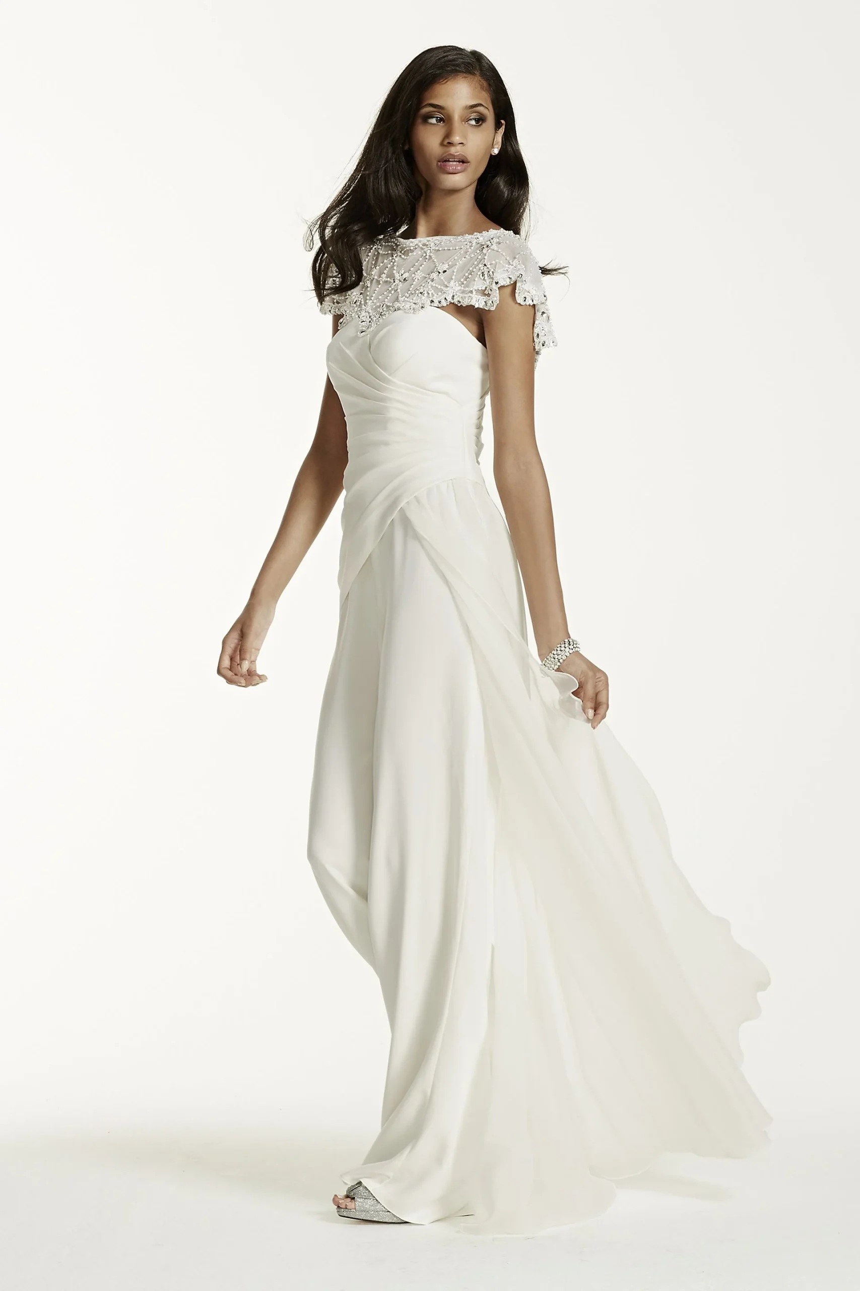 Side Draped Crepe Jumpsuit with Beaded Capelet