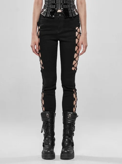 Side Hollow-Out Lace-Up Metal Skull Button Black Punk Tight Pants