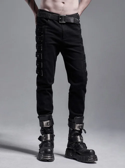 Side Metal Rings Bandage Black Punk Twill Woven Trousers