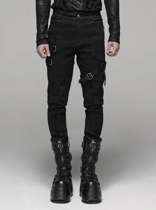 Side Pressure-Fold Line Metal Buckle Hasp Chain Rough Selvedge Black Punk Pants