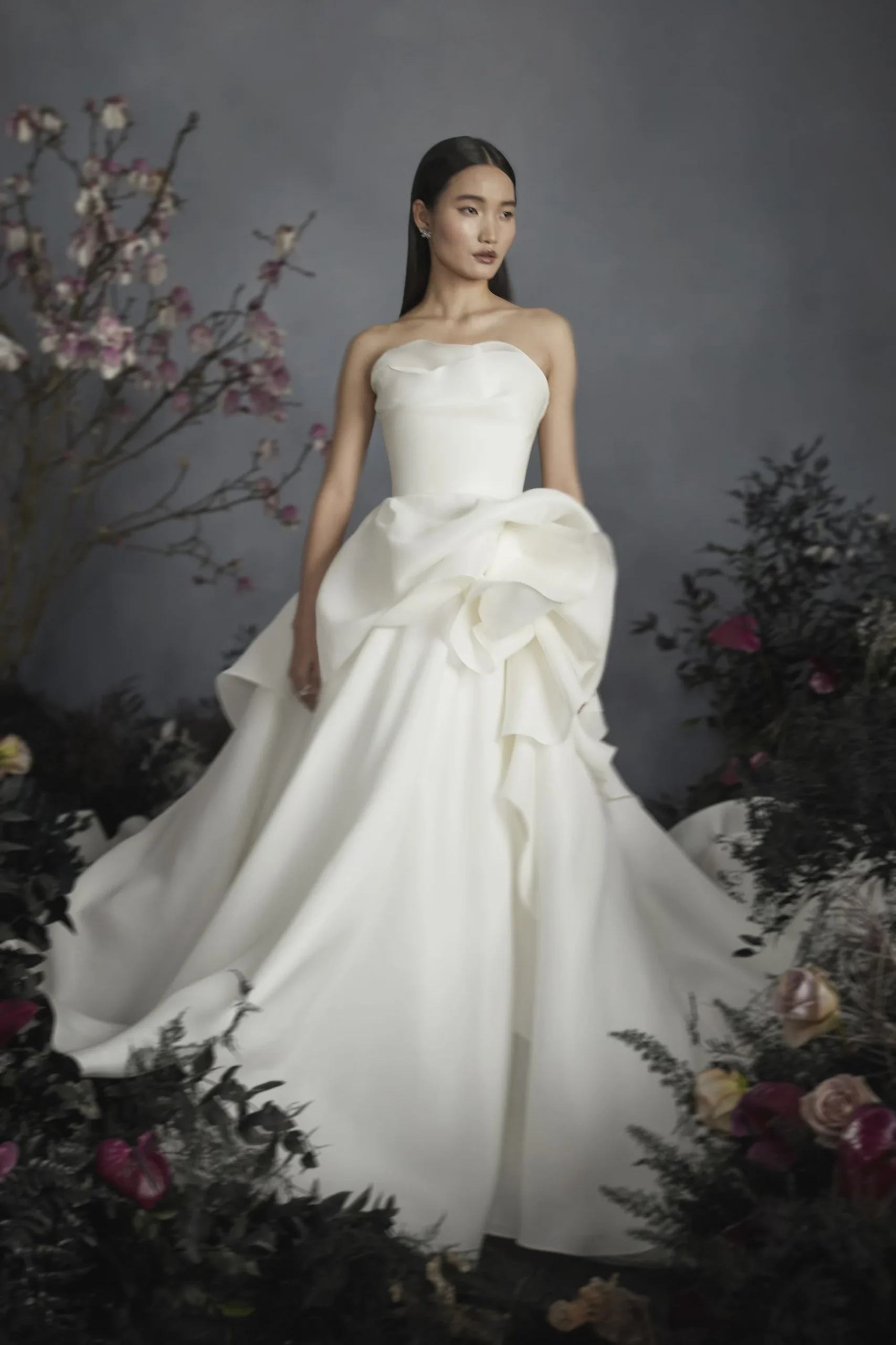 Silk Gazar Strapless Gown with Sculptural Skirt