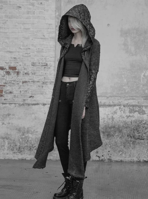 Skin Texture PU Leather Sleeves Black Gothic Medium Hooded Cardigan Granular Wool Coat
