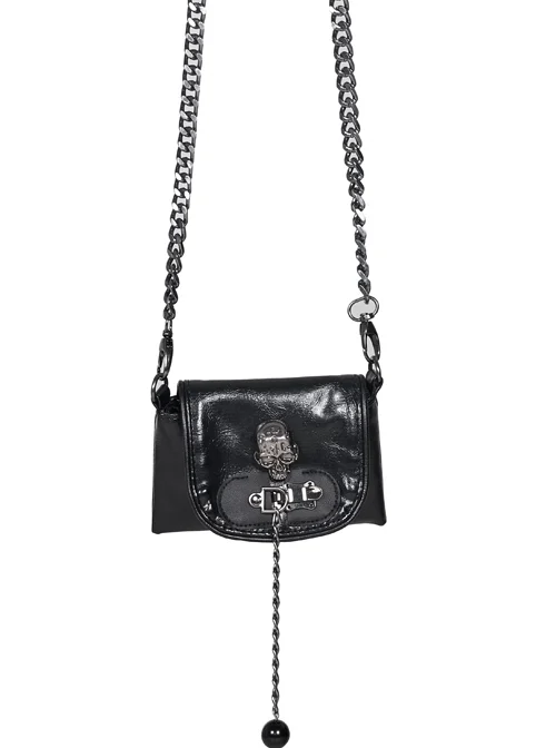 Skull Decoration Metal Pendant Chain Straps Black Punk Mini Leather Bag