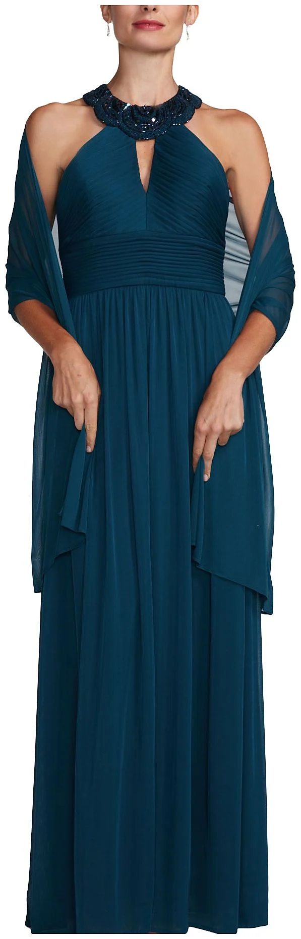 Sleeveless Beaded Neckline with Ruched Detail