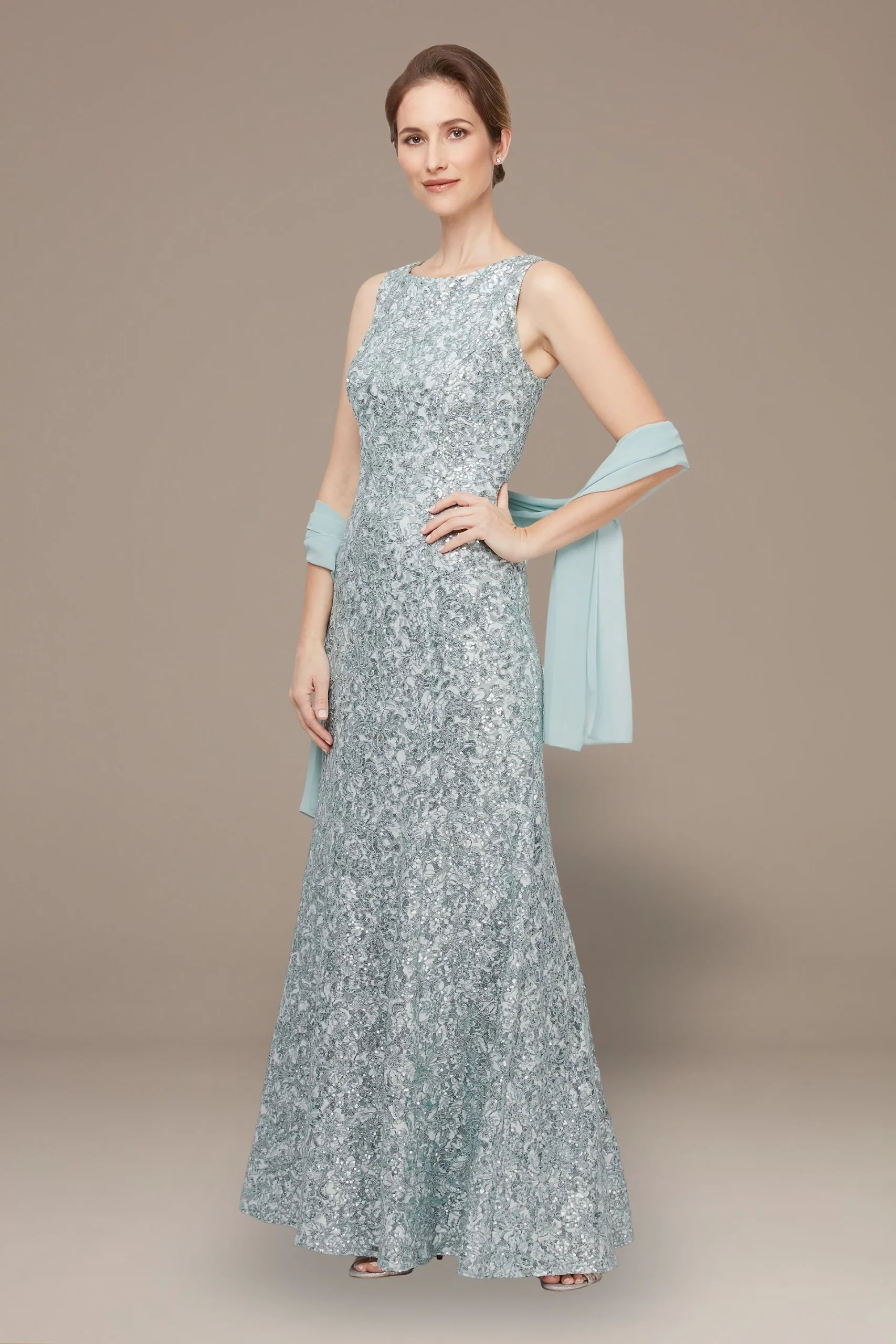 Sleeveless Corded Fit and Flare Dress With Shawl