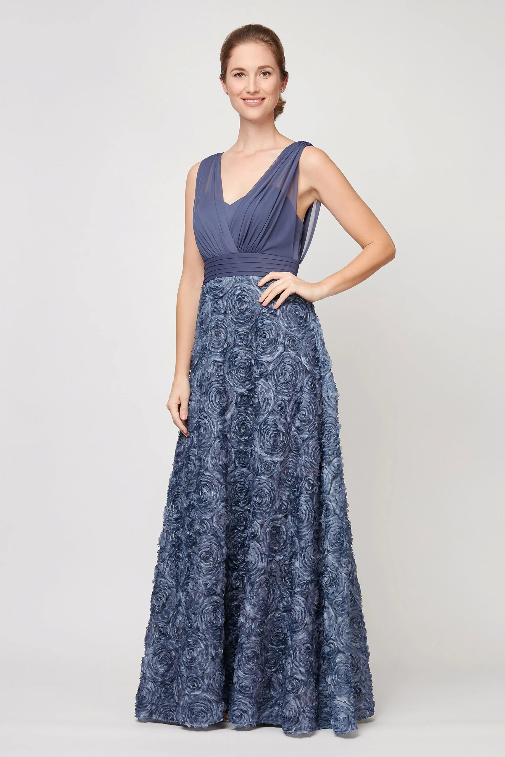 Sleeveless Drapey Surplice Rosette Ball Gown