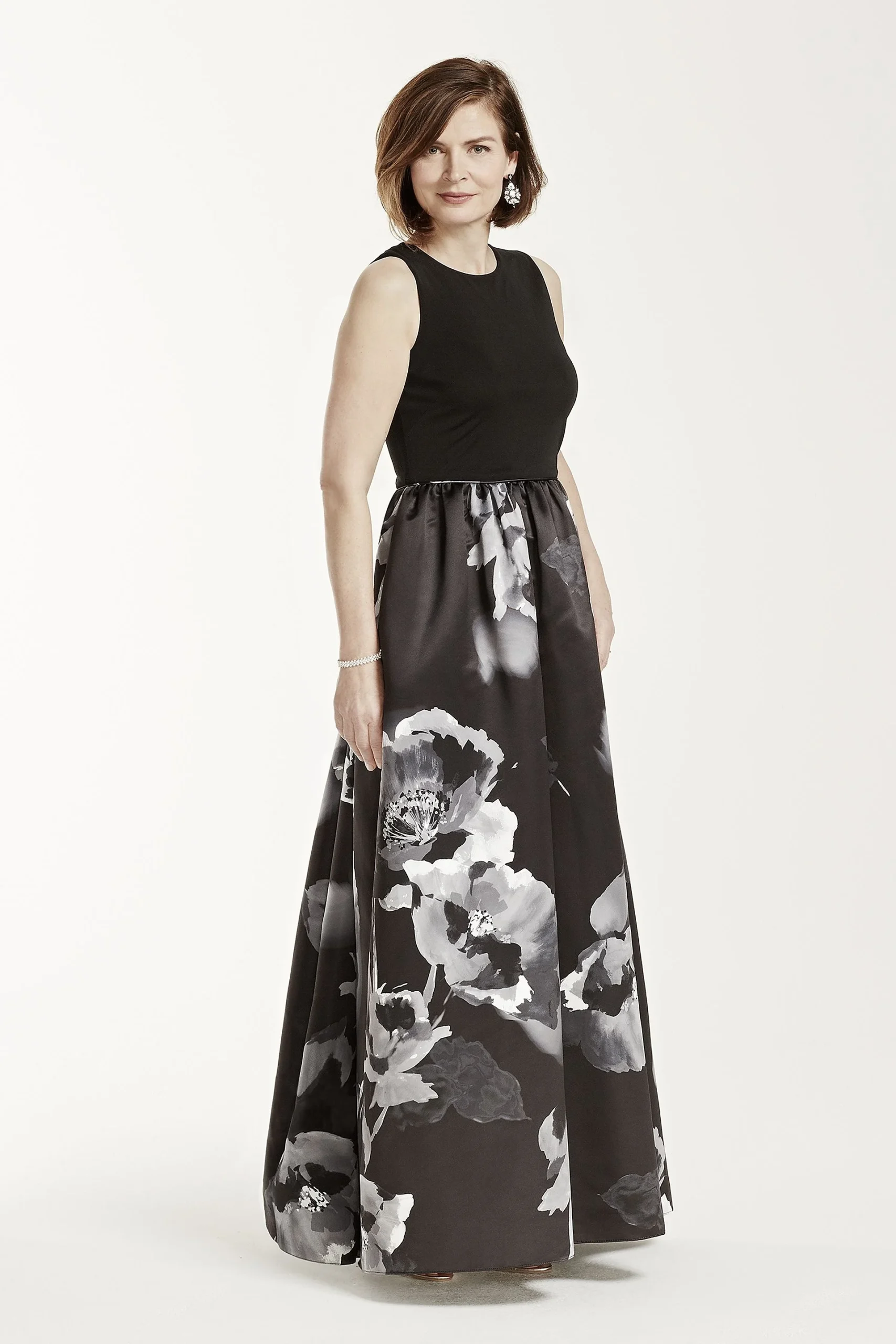 Sleeveless Floral Print Satin Ball Gown