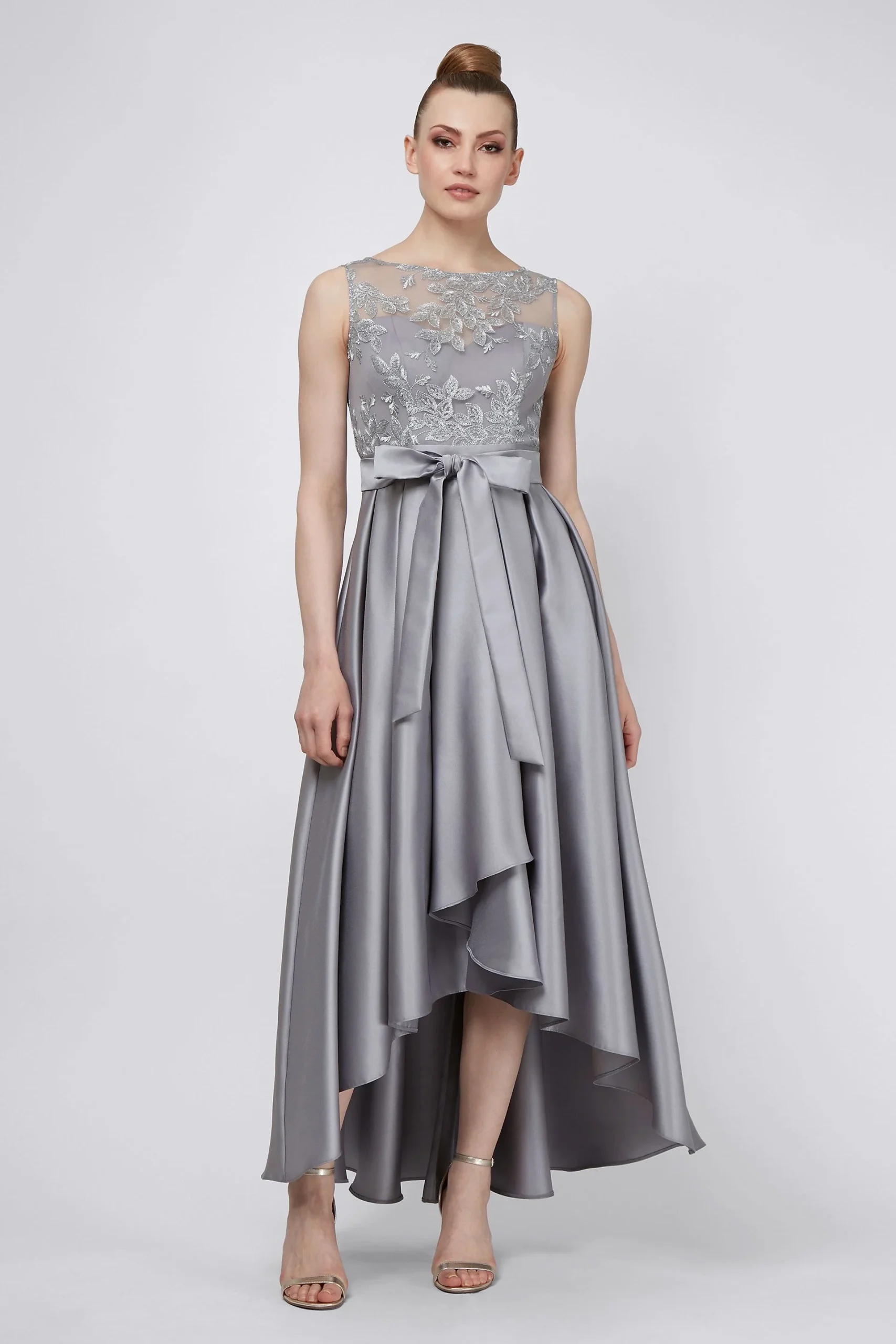 Sleeveless Glitter Lace and Mikado High-Low Gown