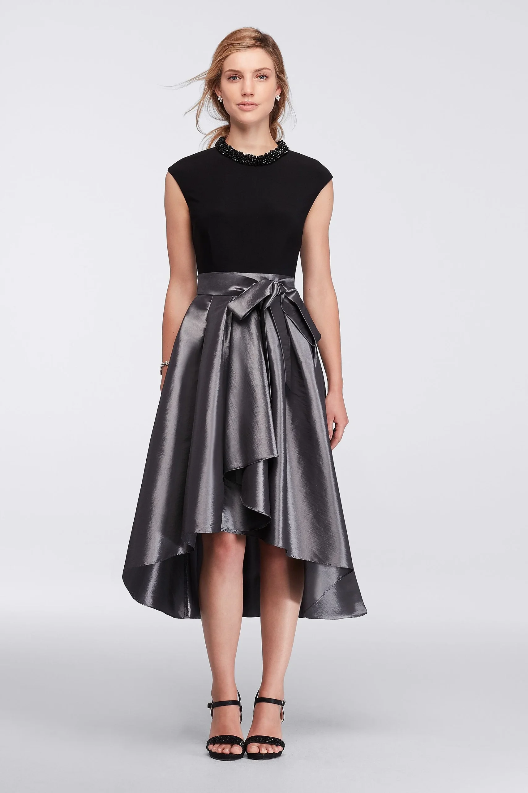 Sleeveless High-Low Dress with Beaded High Neck