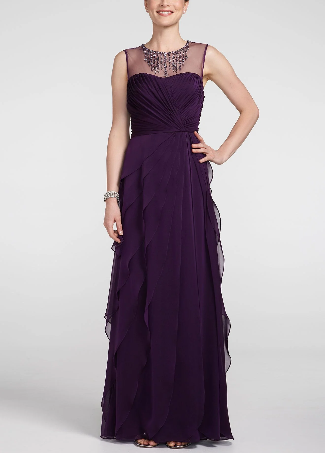 Sleeveless Illusion Neckline Long Chiffon Dress