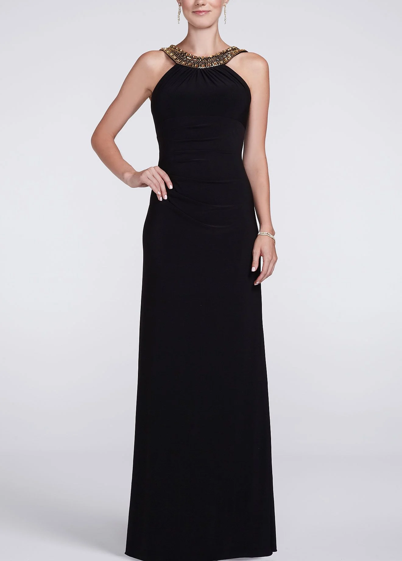 Sleeveless Jersey Dress with Beaded High Neckline