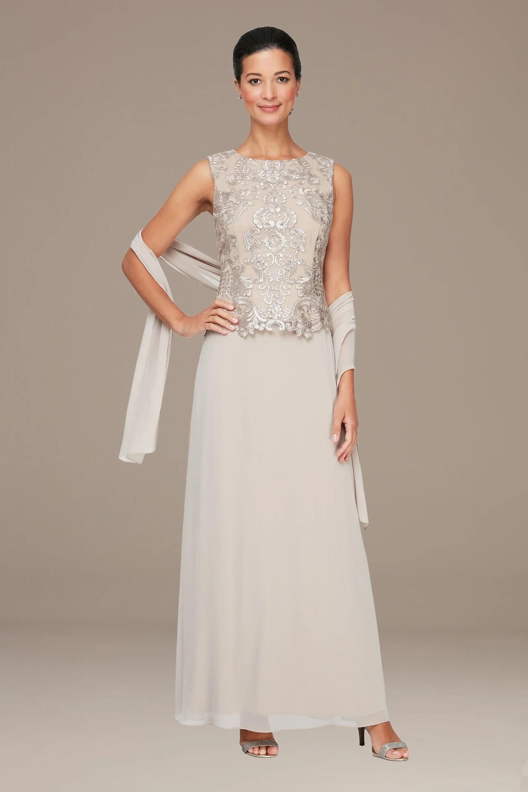 Sleeveless Lace and Chiffon Gown with Shawl
