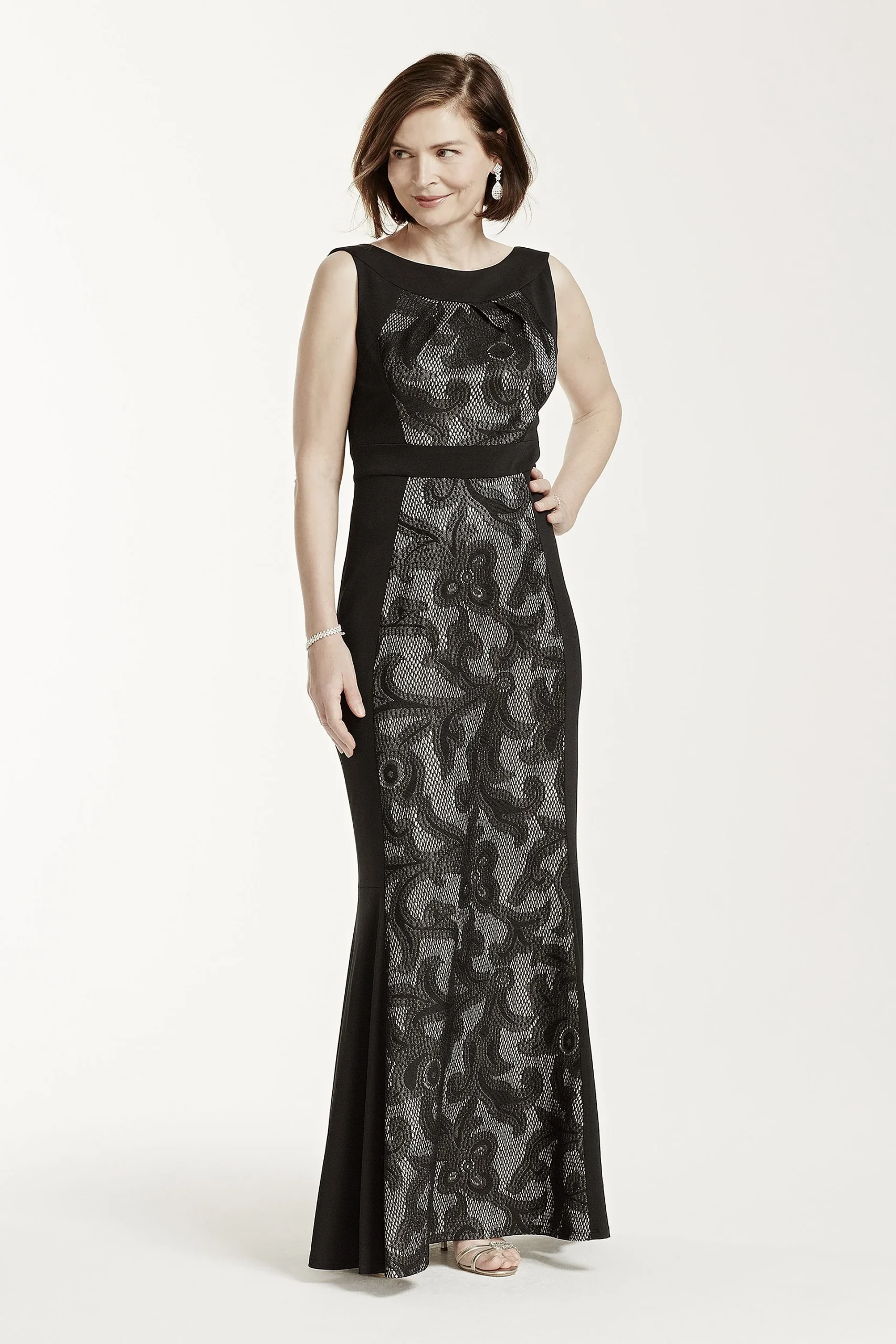 Sleeveless Long Jersey Dress with Bonded Lace