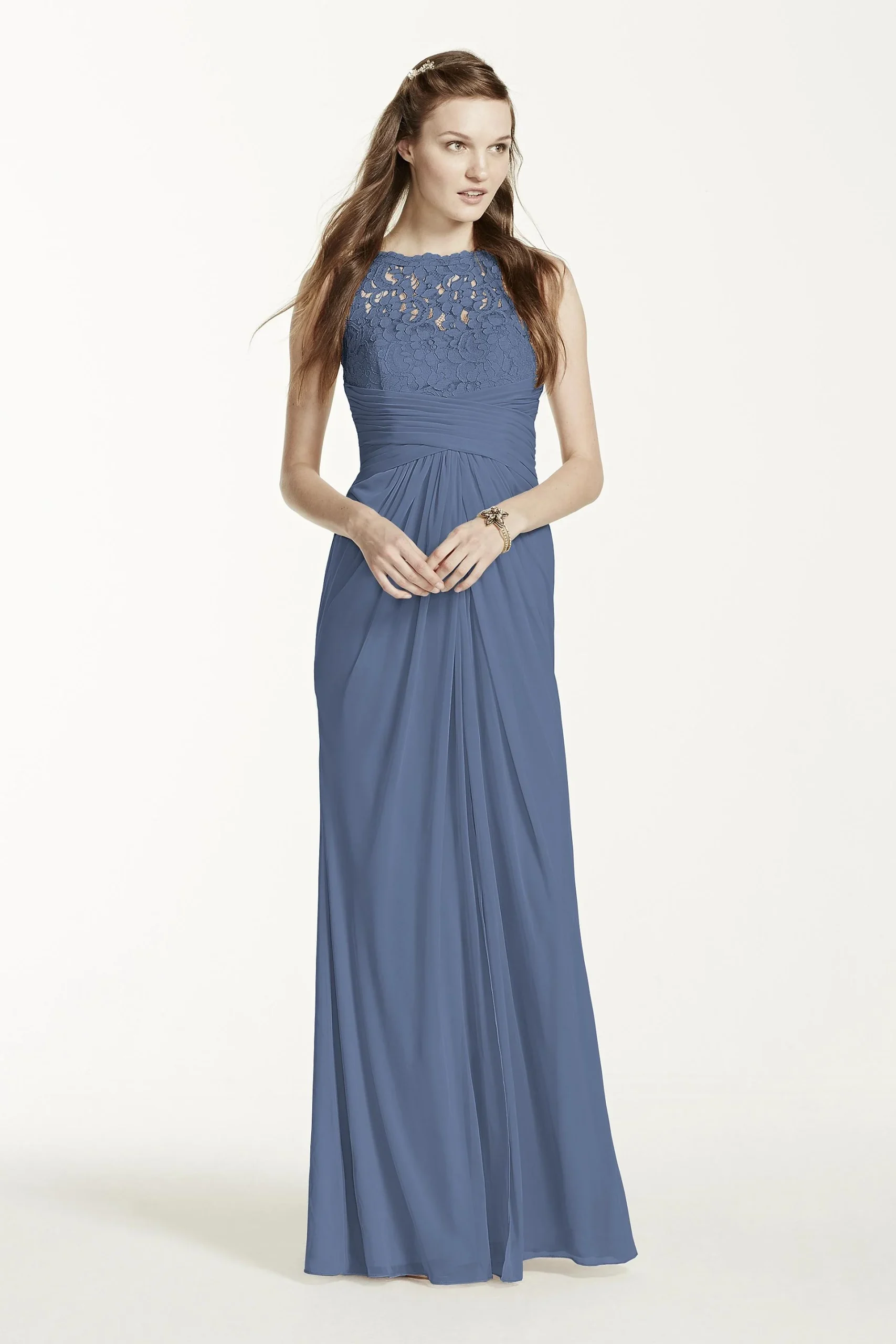 Sleeveless Long Mesh Dress with Corded Lace