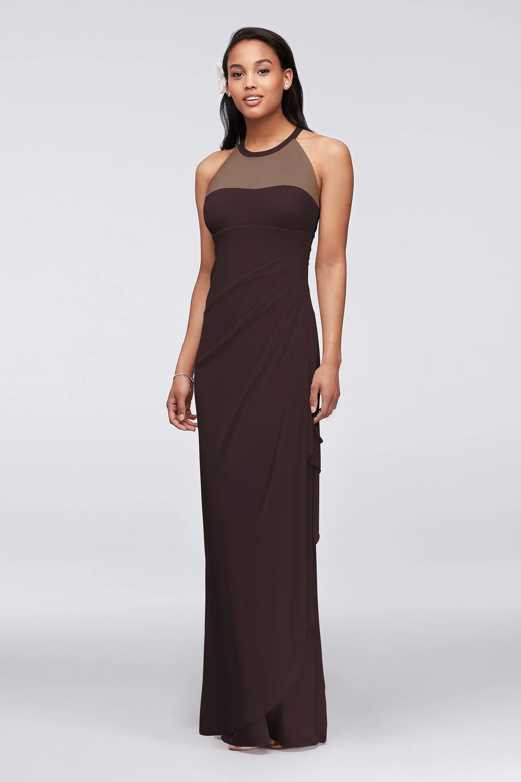 Sleeveless Long Mesh Dress with Illusion Neckline