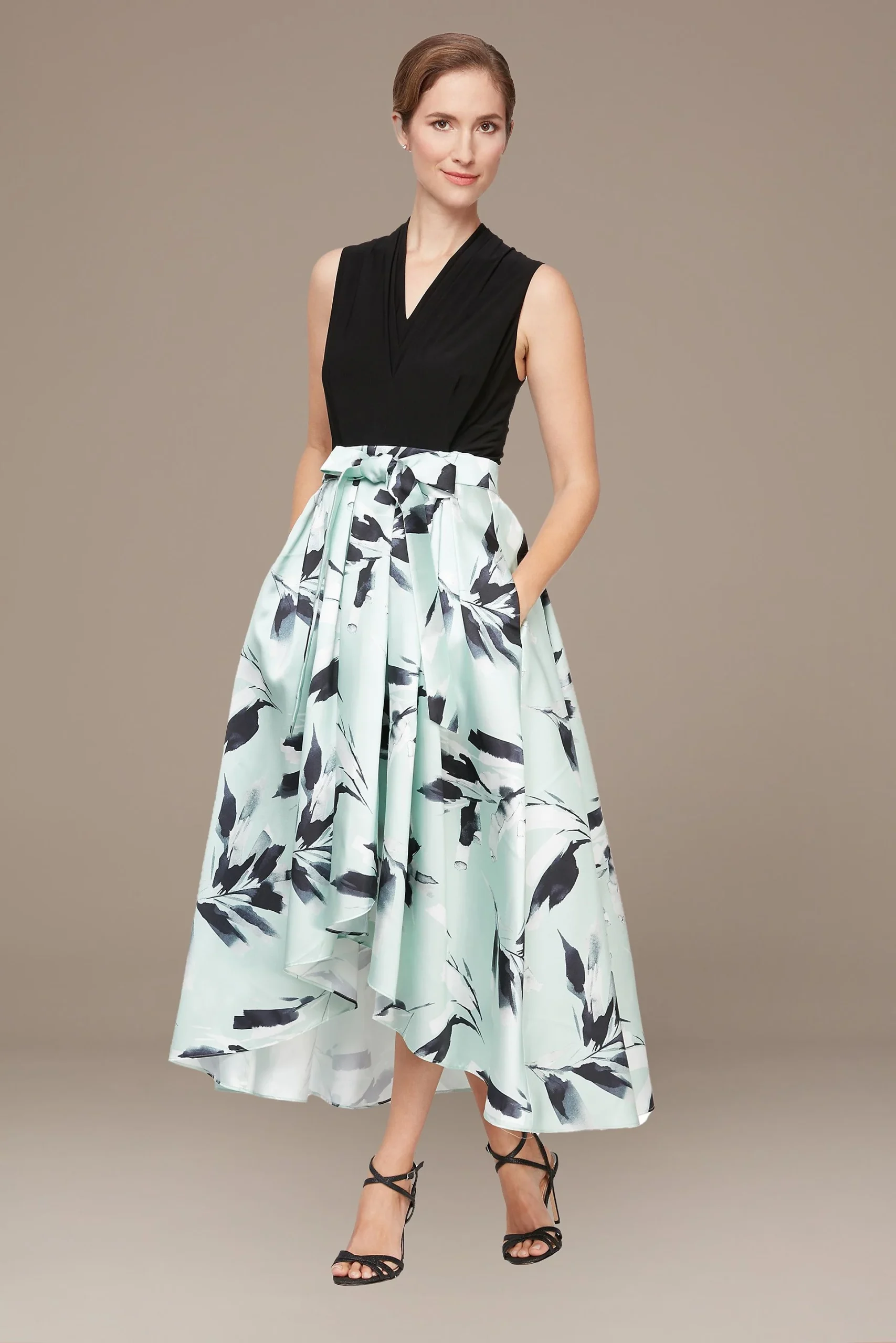 Sleeveless Printed High-Low Mikado Dress