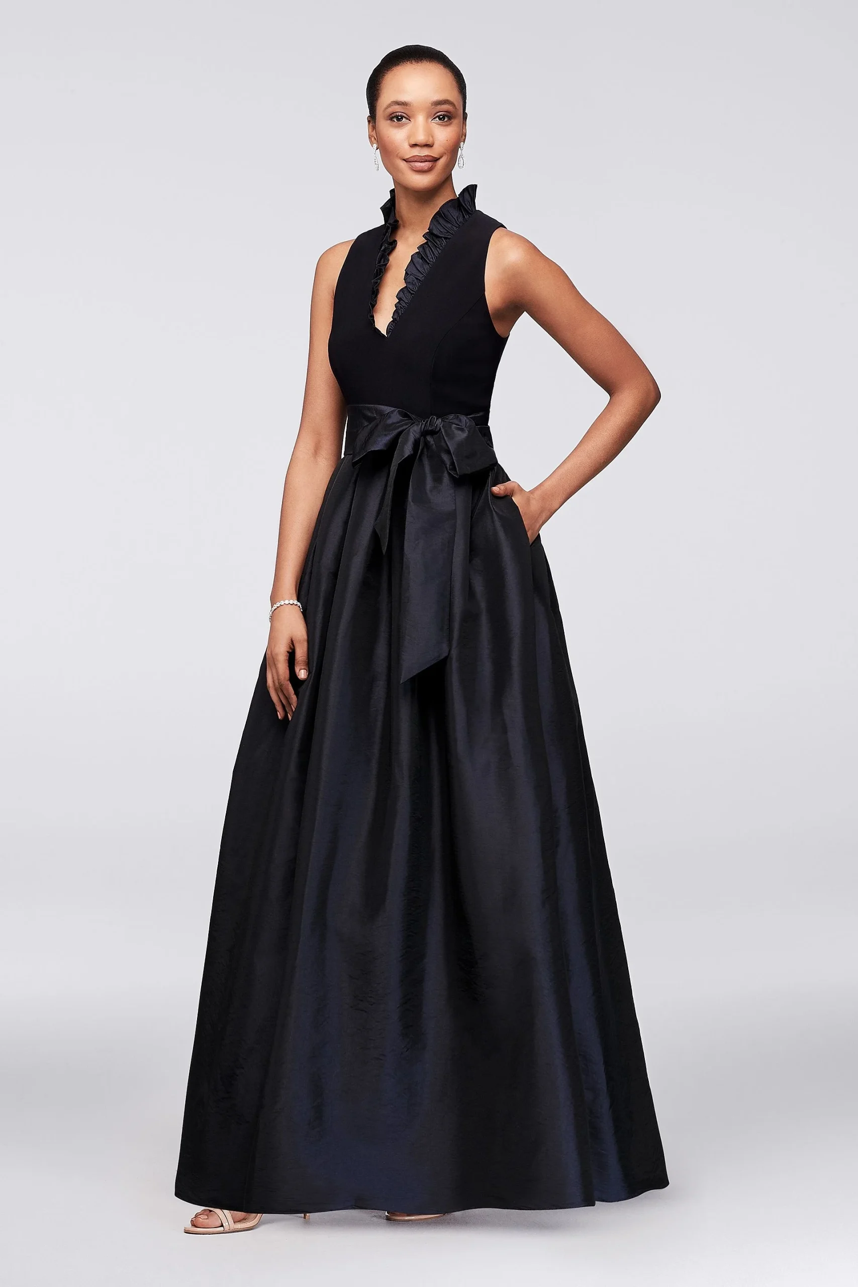 Sleeveless Taffeta Ball Gown with Ruffled V-Neck