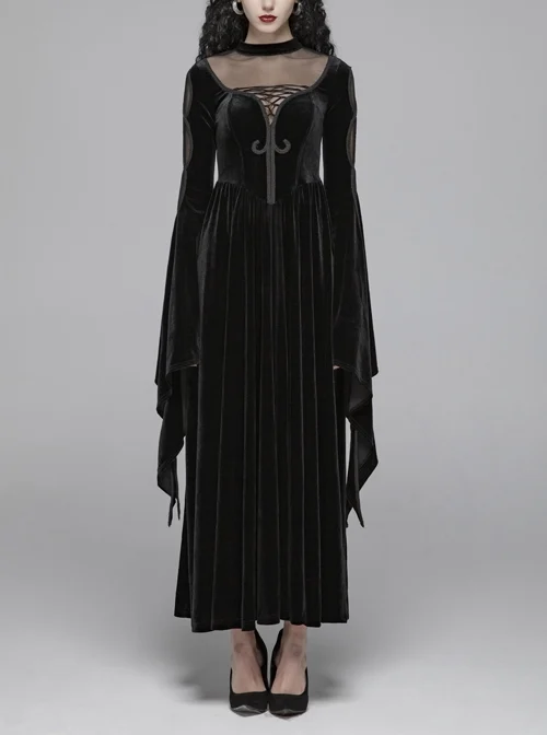 Small High Collar Chest Splice Mesh Lace-Up Slit Flare Sleeves Back Waist Lace-Up Black Gothic Long Velvet Dress