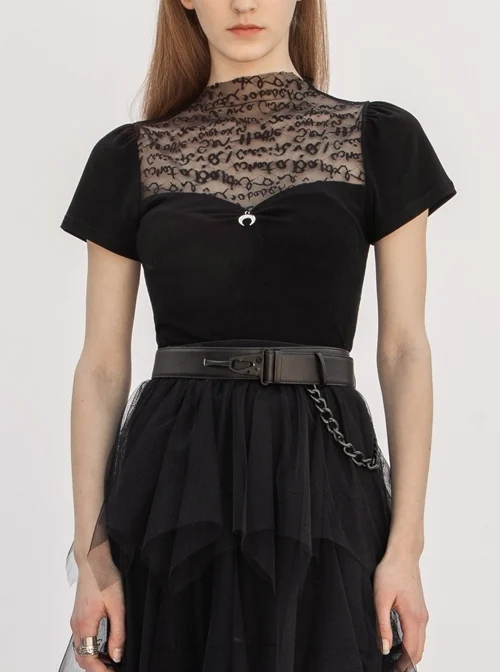 Small High Collar Chest Splice Printed Lace Mesh Moon Pendant Short Sleeve Black Punk T-Shirt