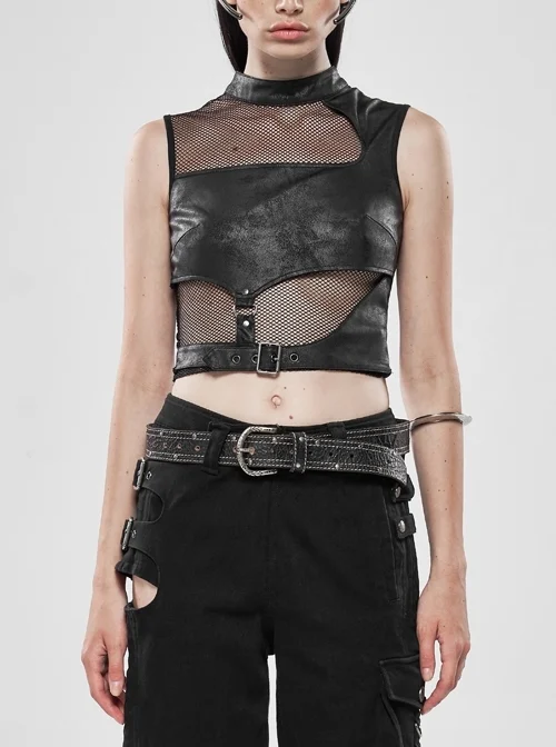 Small High Collar Metal Buckle Splice Mesh Back Zipper Black Punk Vest