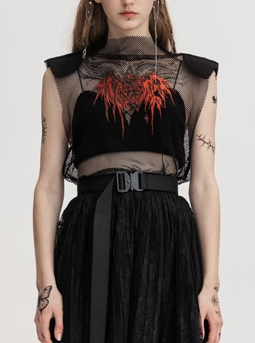 Small High Collar Shoulder Pads Cheat Pattern Embroidered Black Punk Mesh Vest