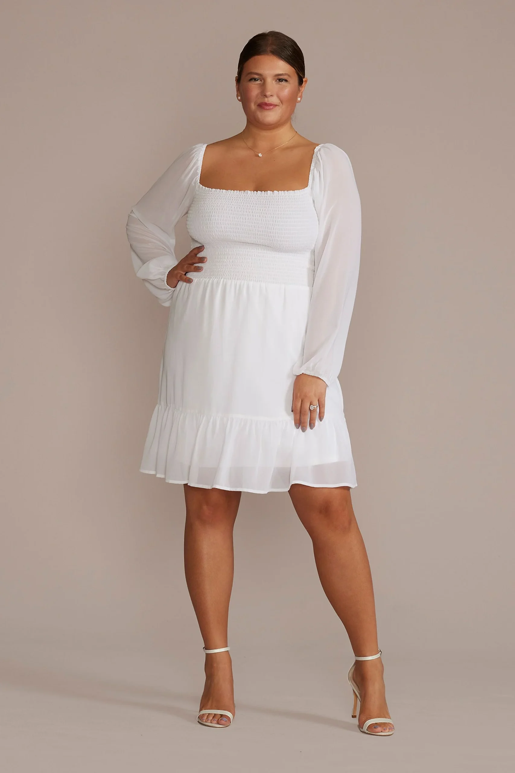 Smocked Long Sleeve Chiffon Short Dress